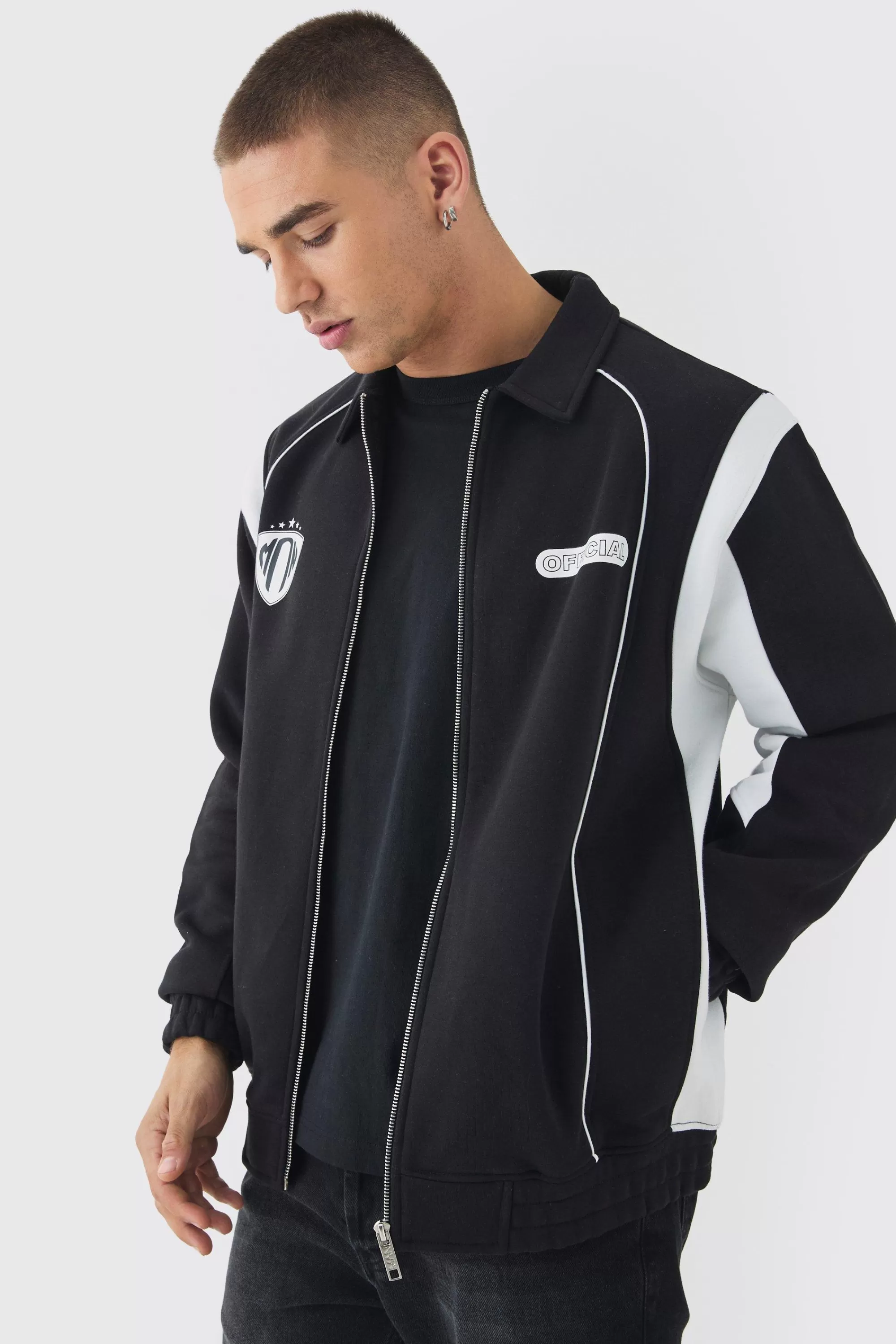 boohooMAN Varsity Embroidered Jersey Harrington Jacket | UK