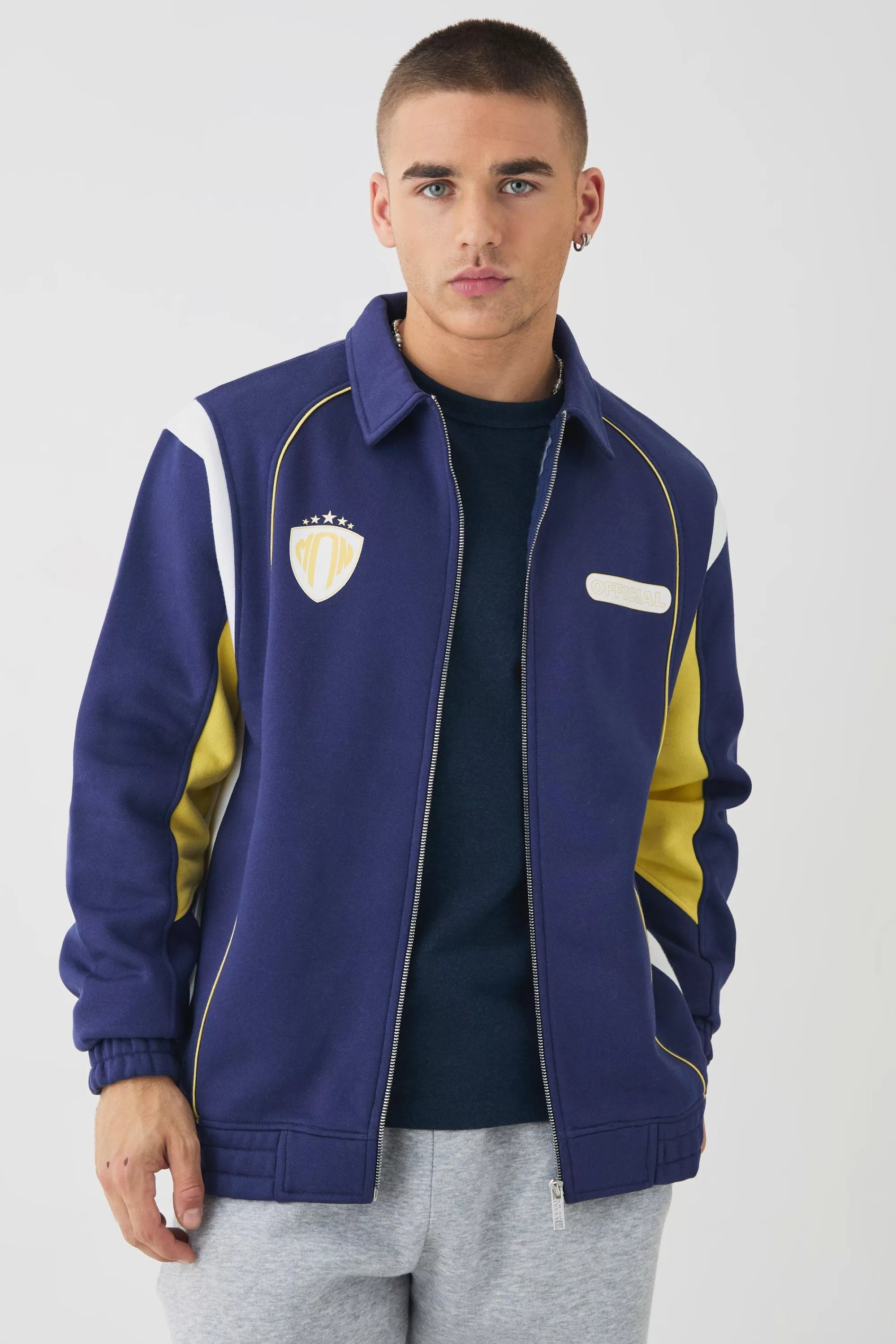 boohooMAN Varsity Embroidered Jersey Harrington Jacket | UK