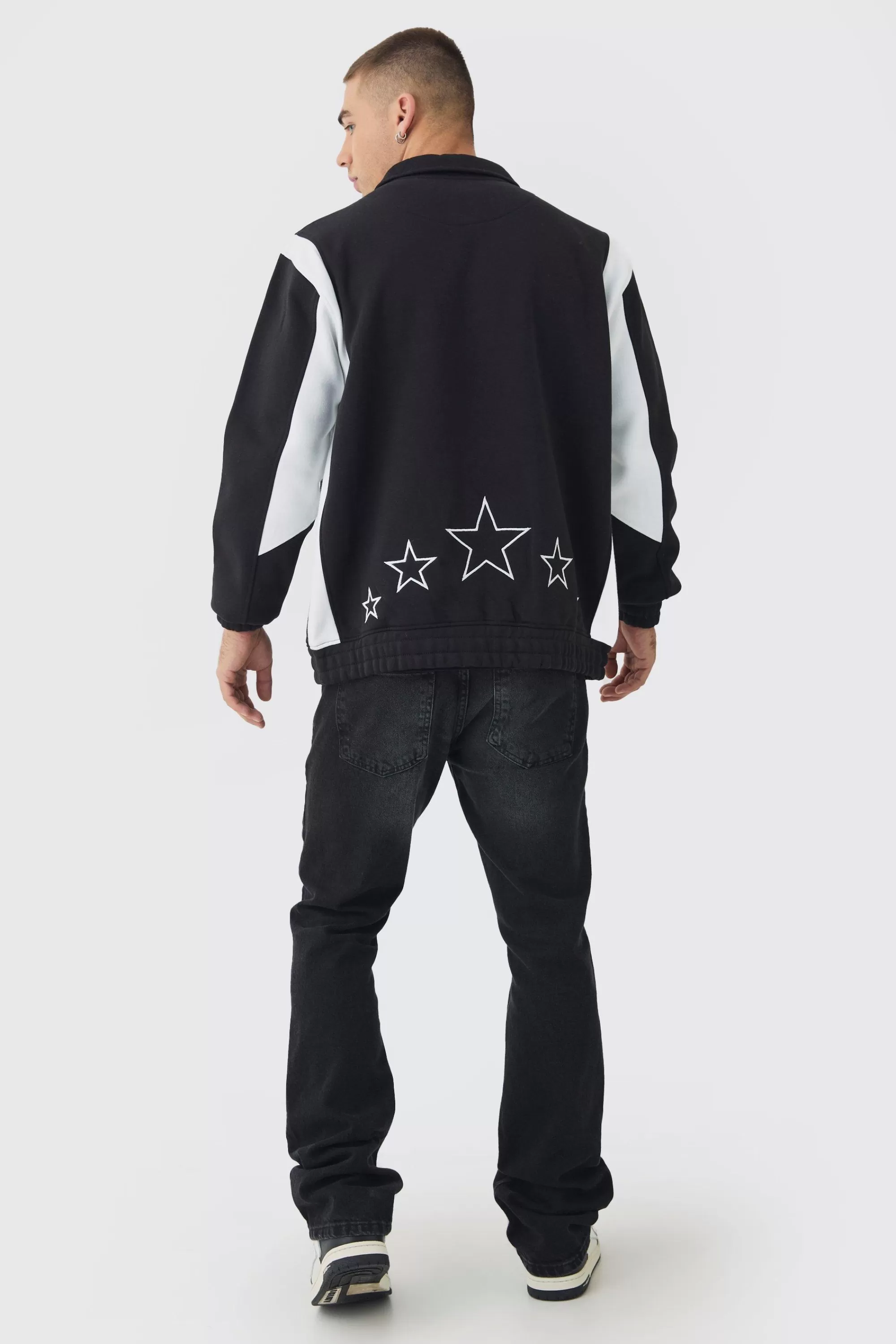 boohooMAN Varsity Embroidered Jersey Harrington Jacket | UK