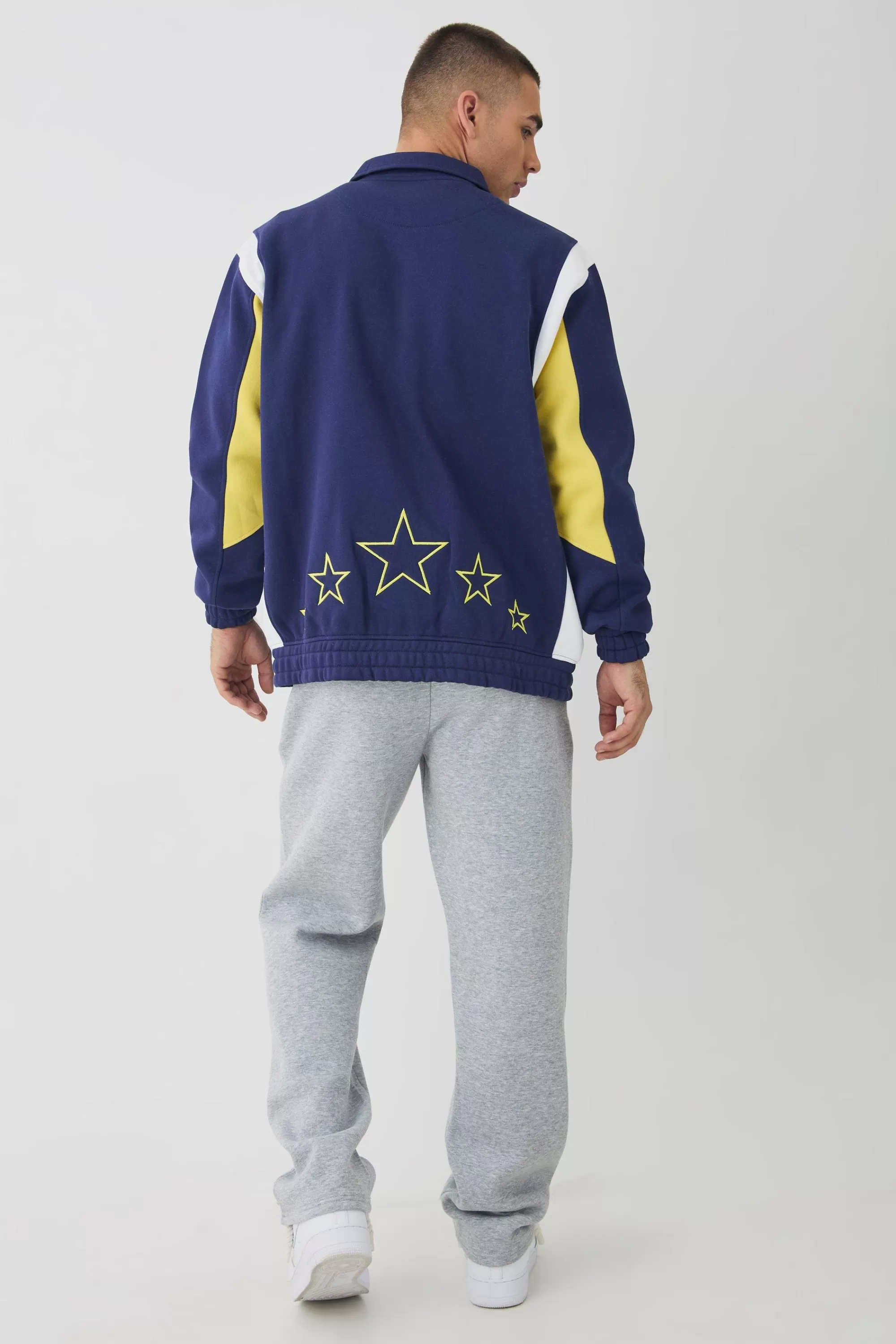 boohooMAN Varsity Embroidered Jersey Harrington Jacket | UK