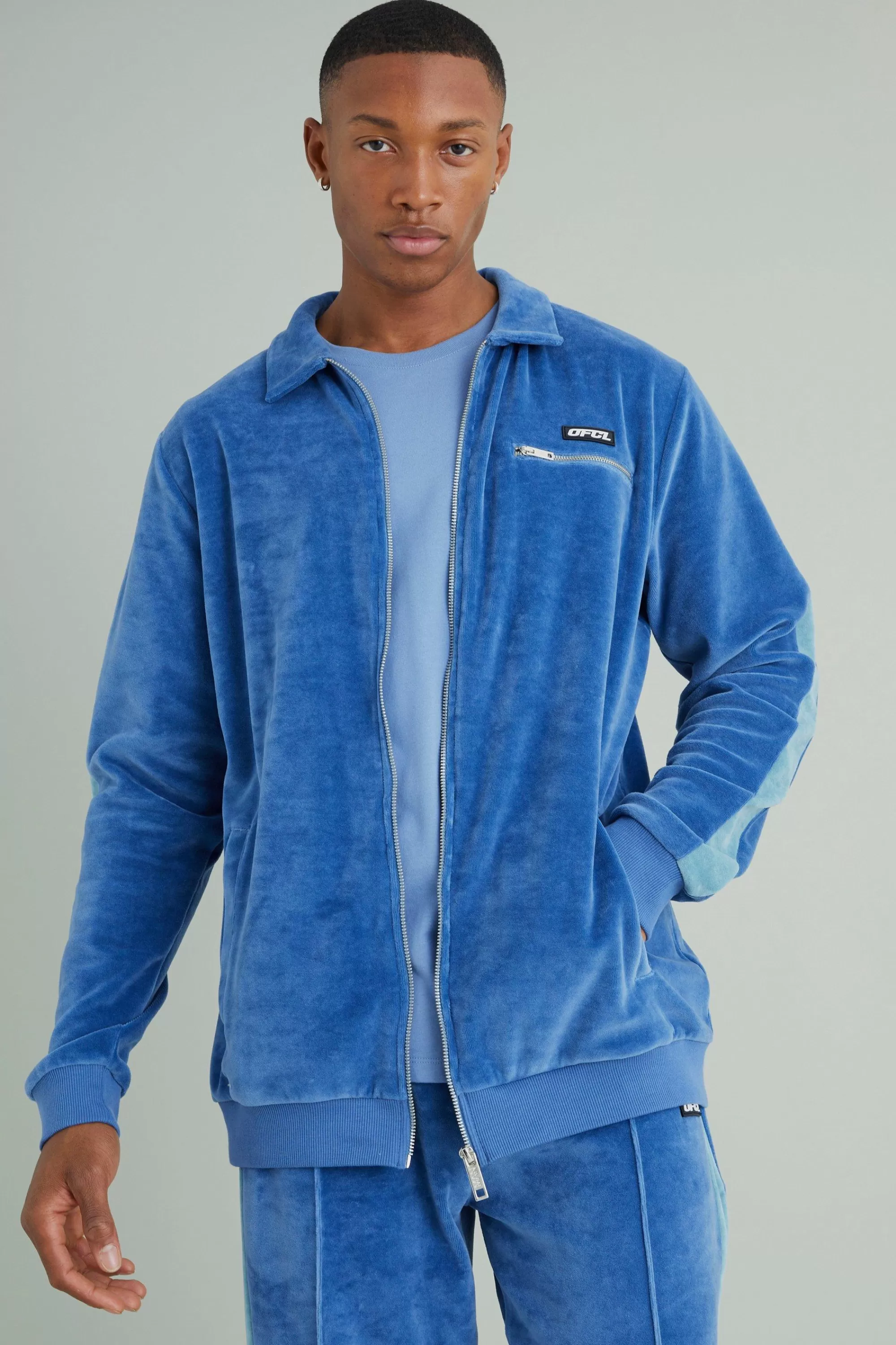 boohooMAN Velour Tapped Harrington Jacket | UK