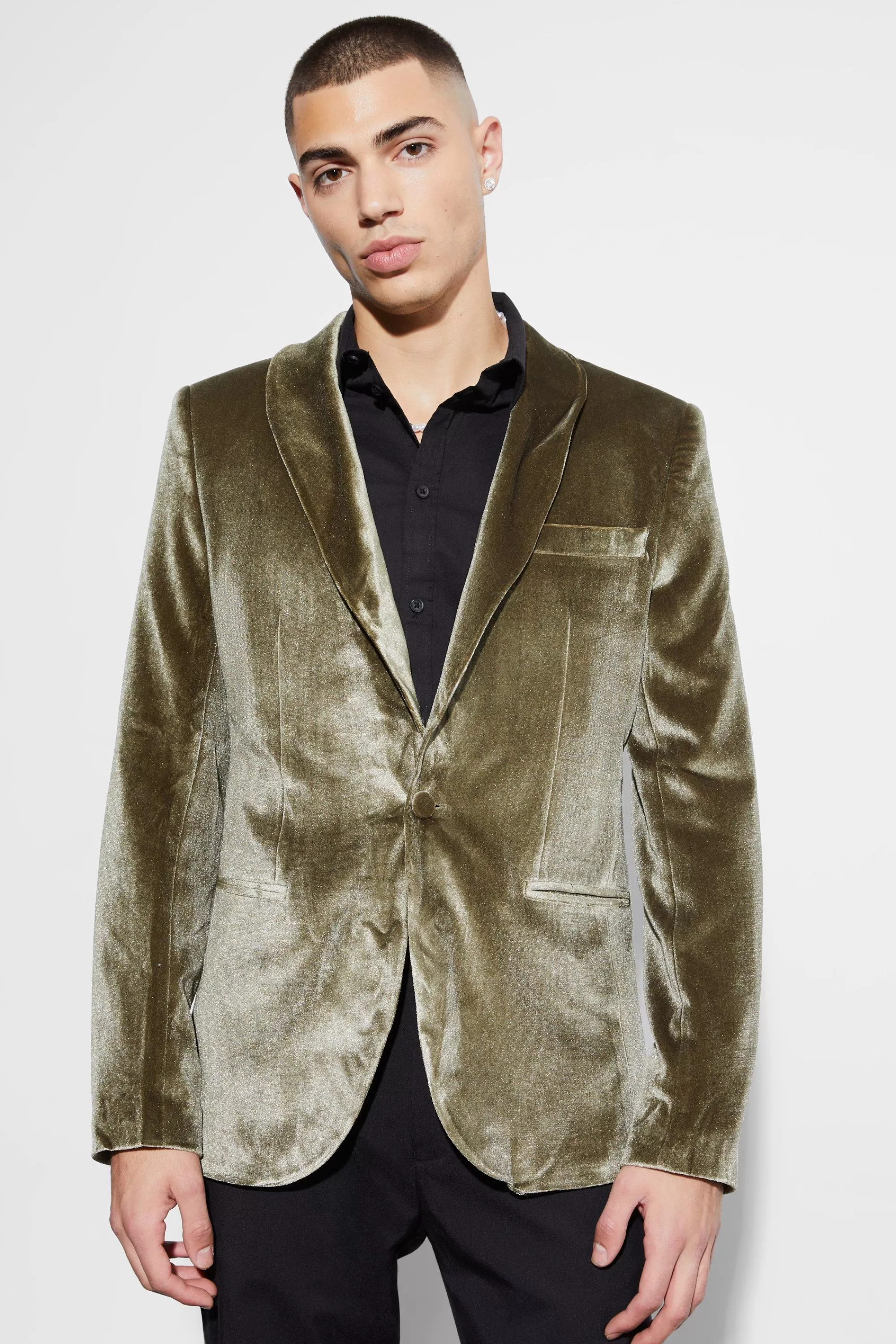 boohooMAN Velvet Shawl Collar Blazer | UK
