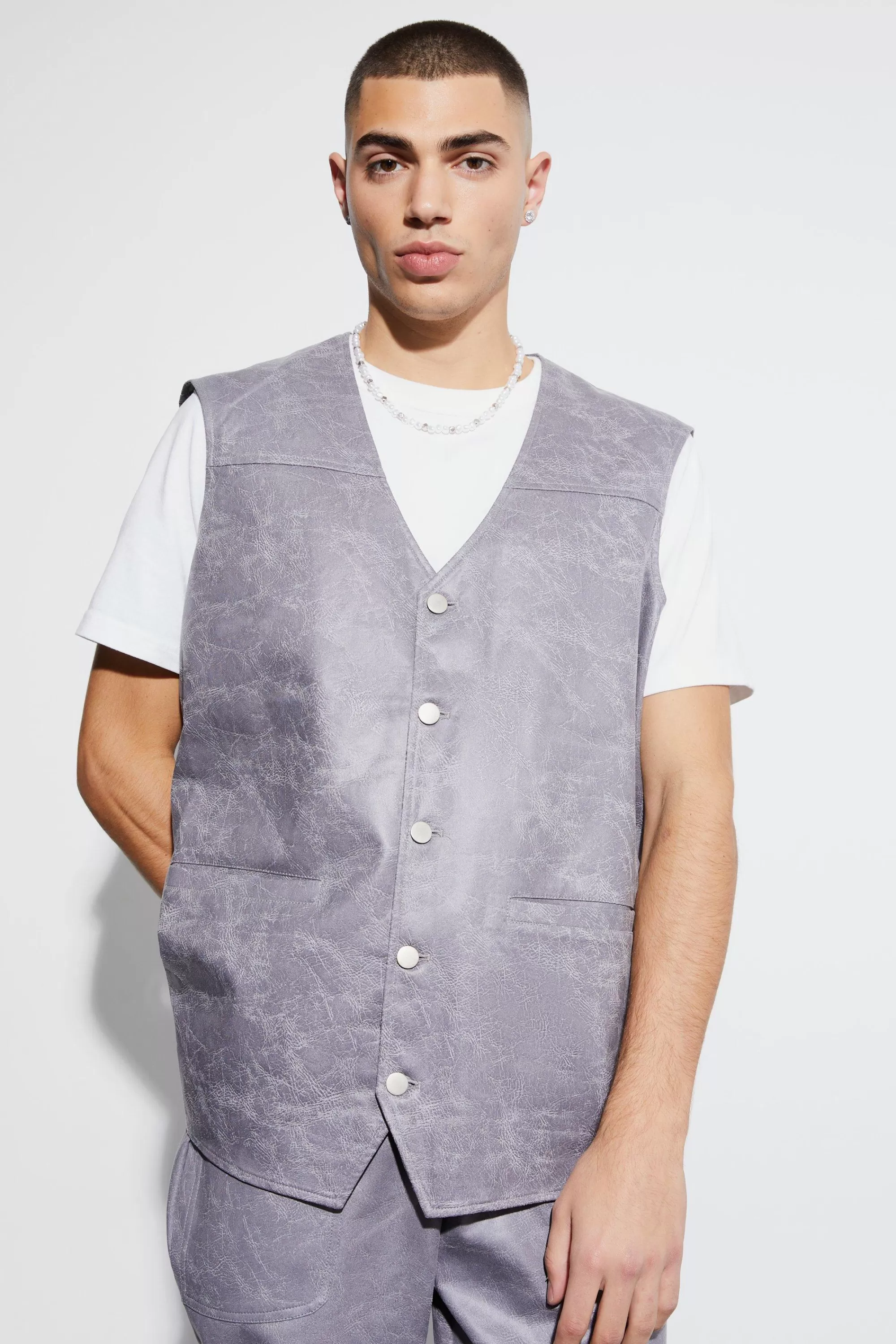 boohooMAN Vintage Pu Oversized Waistcoat Suit | UK