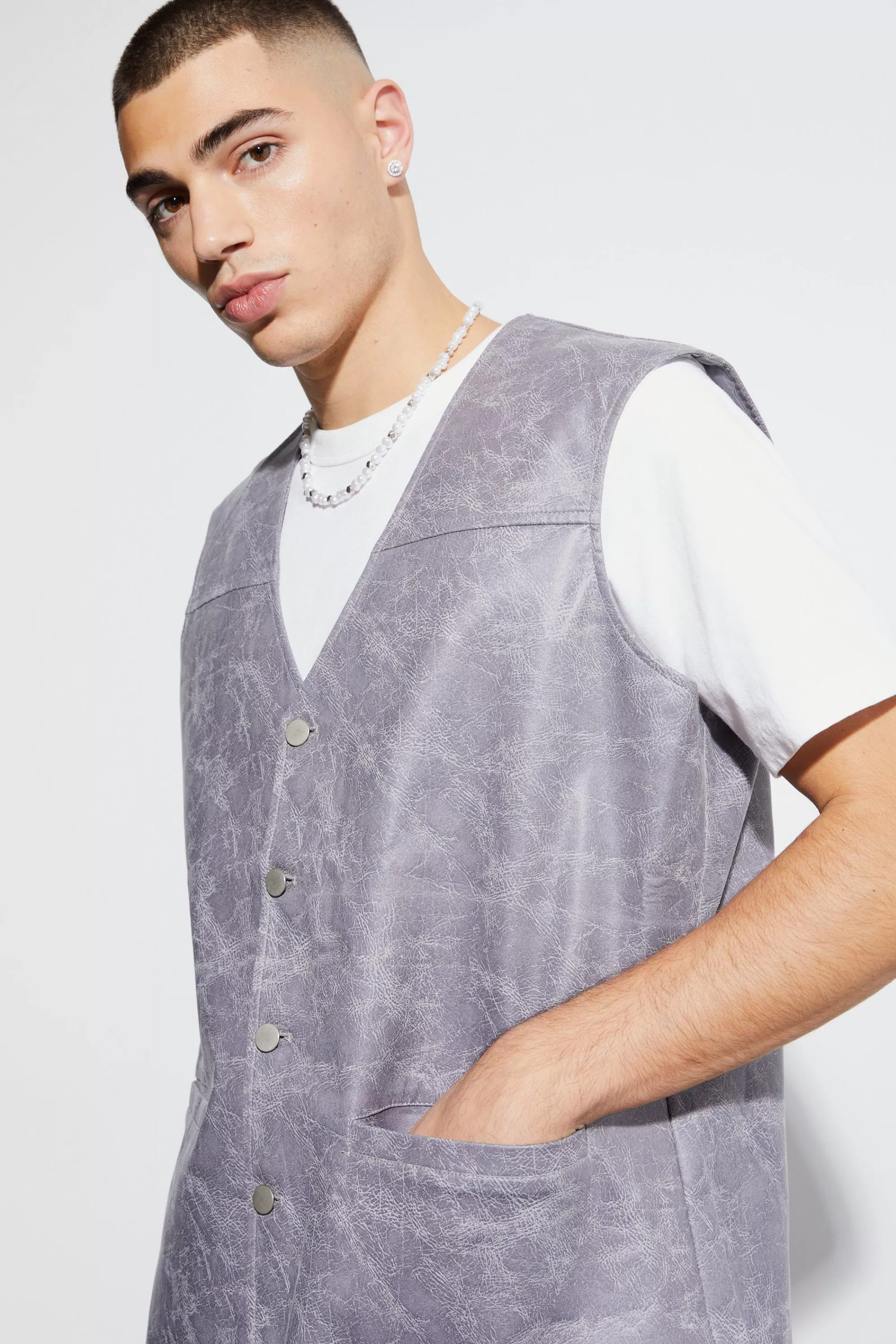 boohooMAN Vintage Pu Oversized Waistcoat Suit | UK