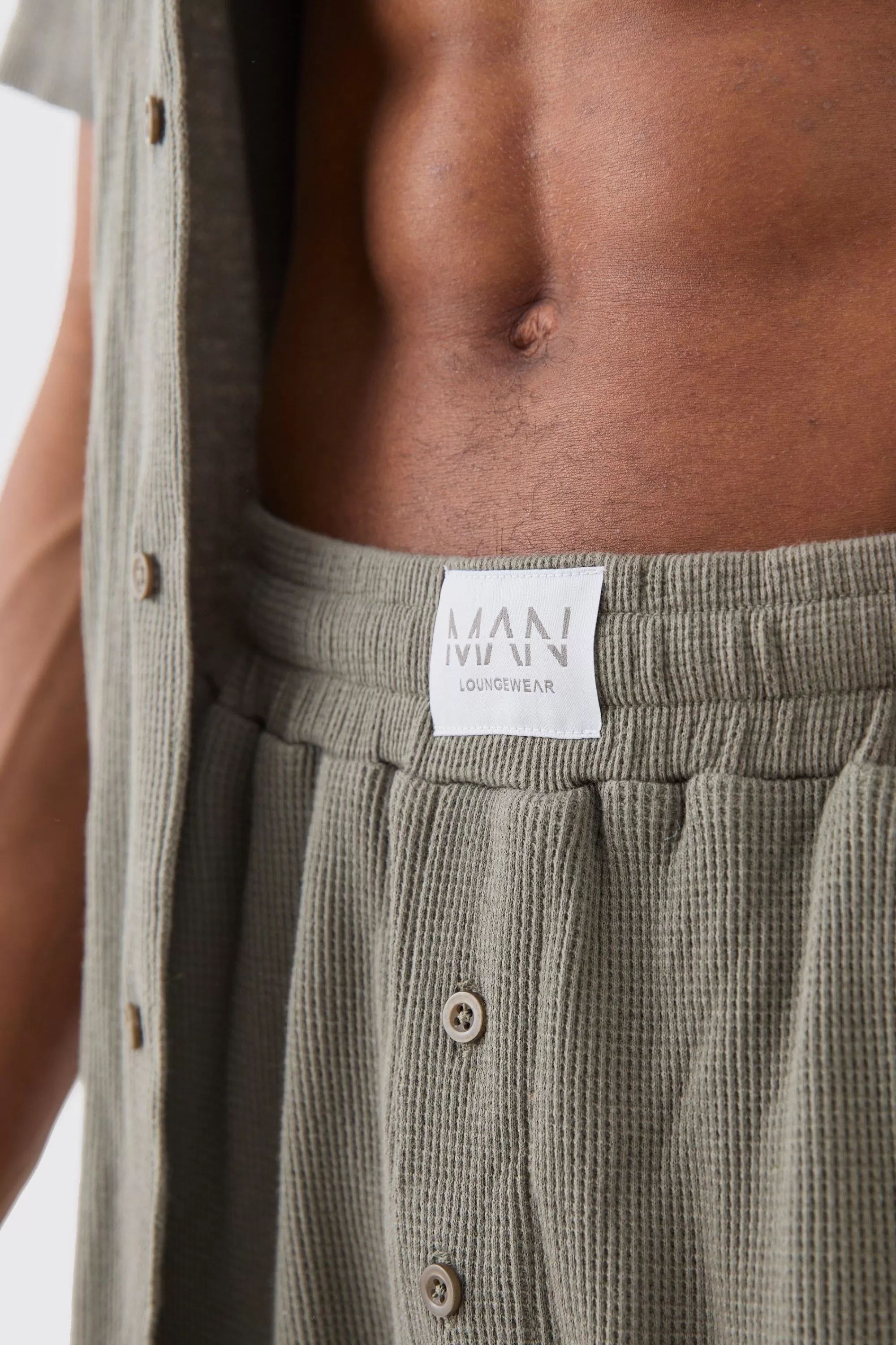 boohooMAN Waffle Lounge Shirt & Relaxed Bottom Set In | UK
