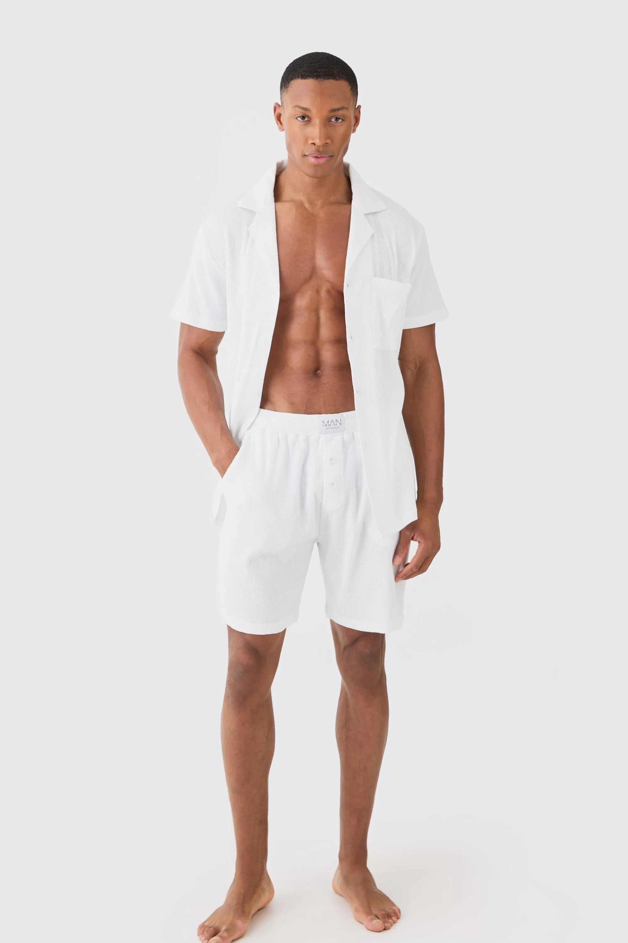 boohooMAN Waffle Lounge Shirt & Short Set In | UK