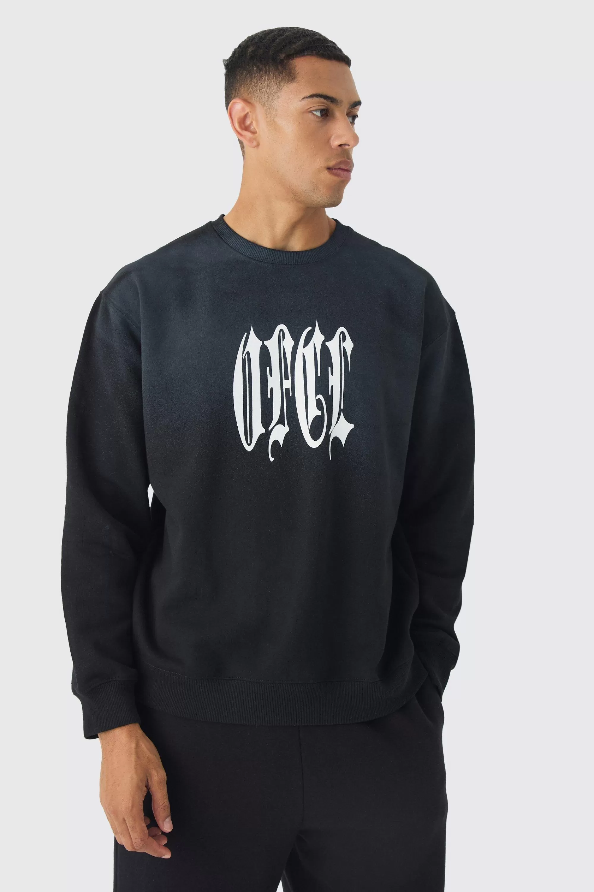 boohooMAN Washed Blurred Ofcl Print Sweatshirt | UK