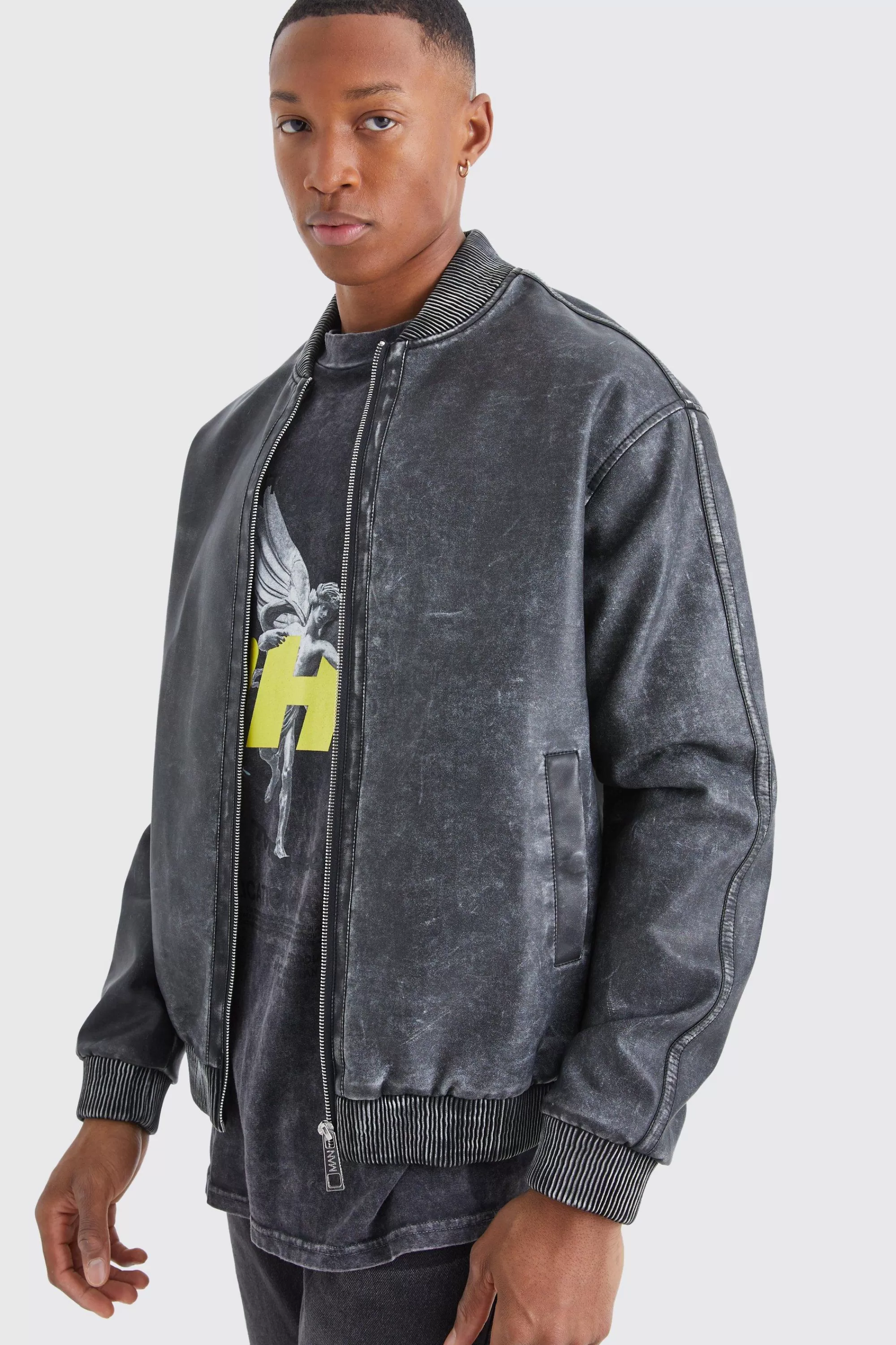 boohooMAN Washed Pu Bomber Jacket | UK