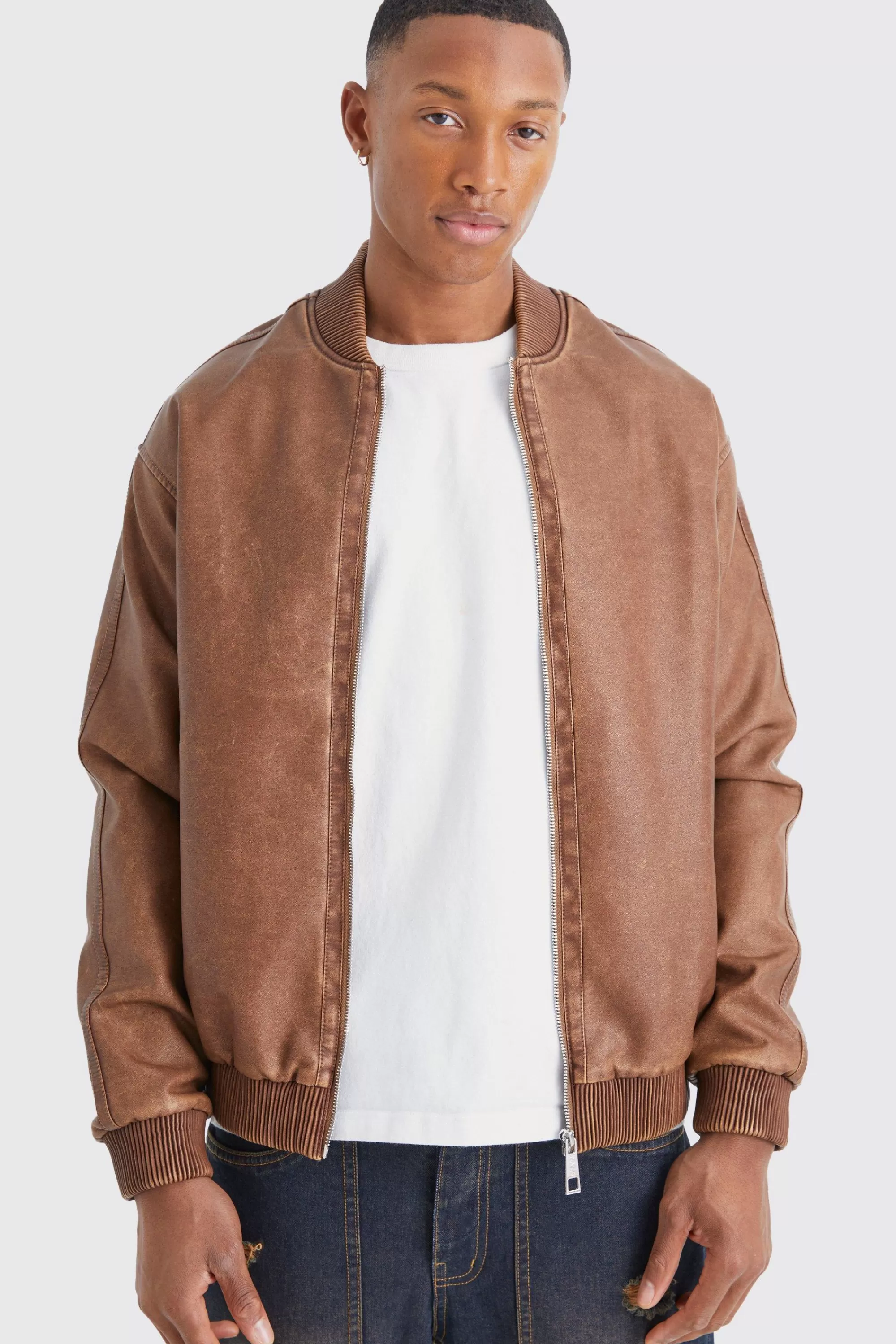boohooMAN Washed Pu Bomber Jacket | UK
