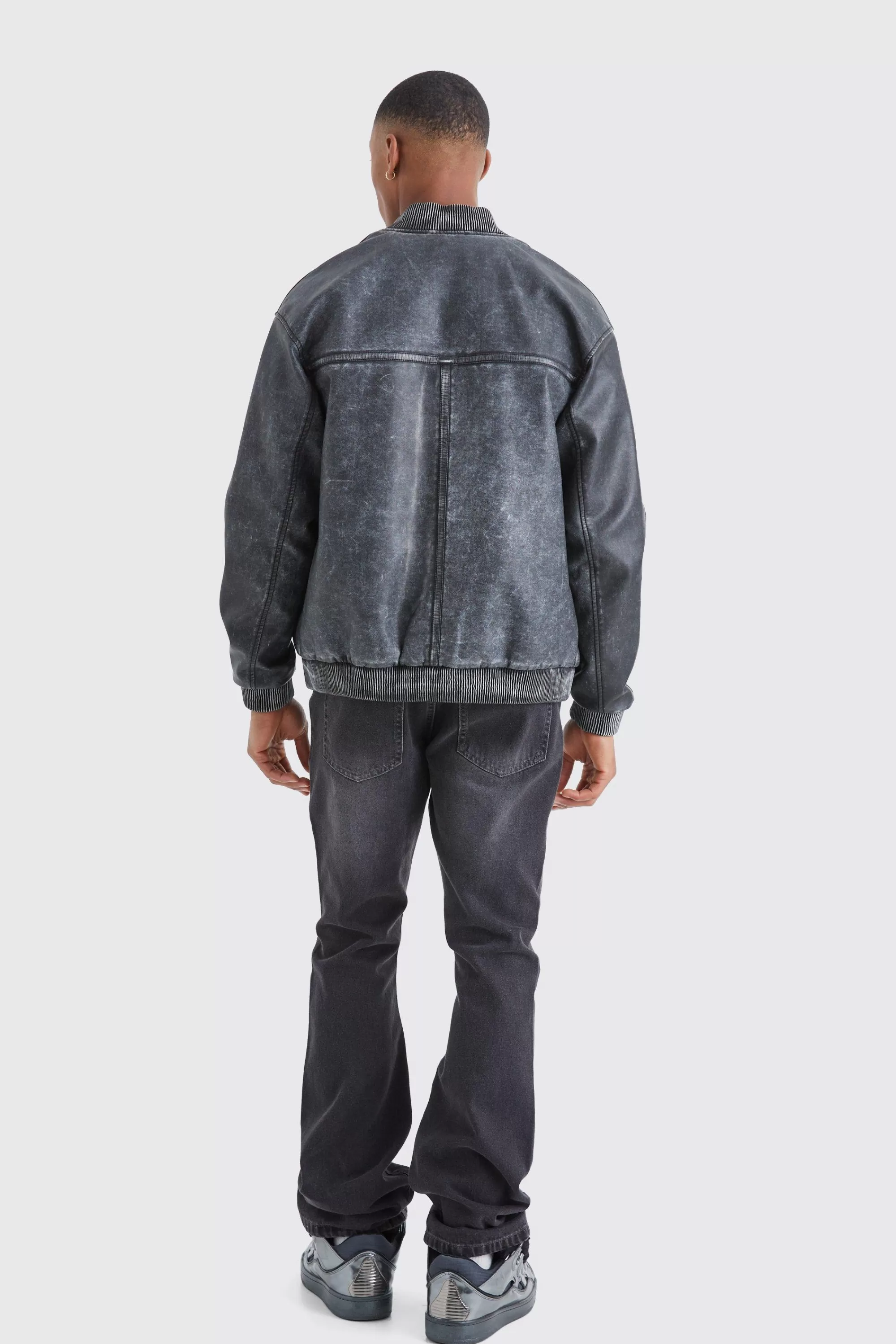 boohooMAN Washed Pu Bomber Jacket | UK