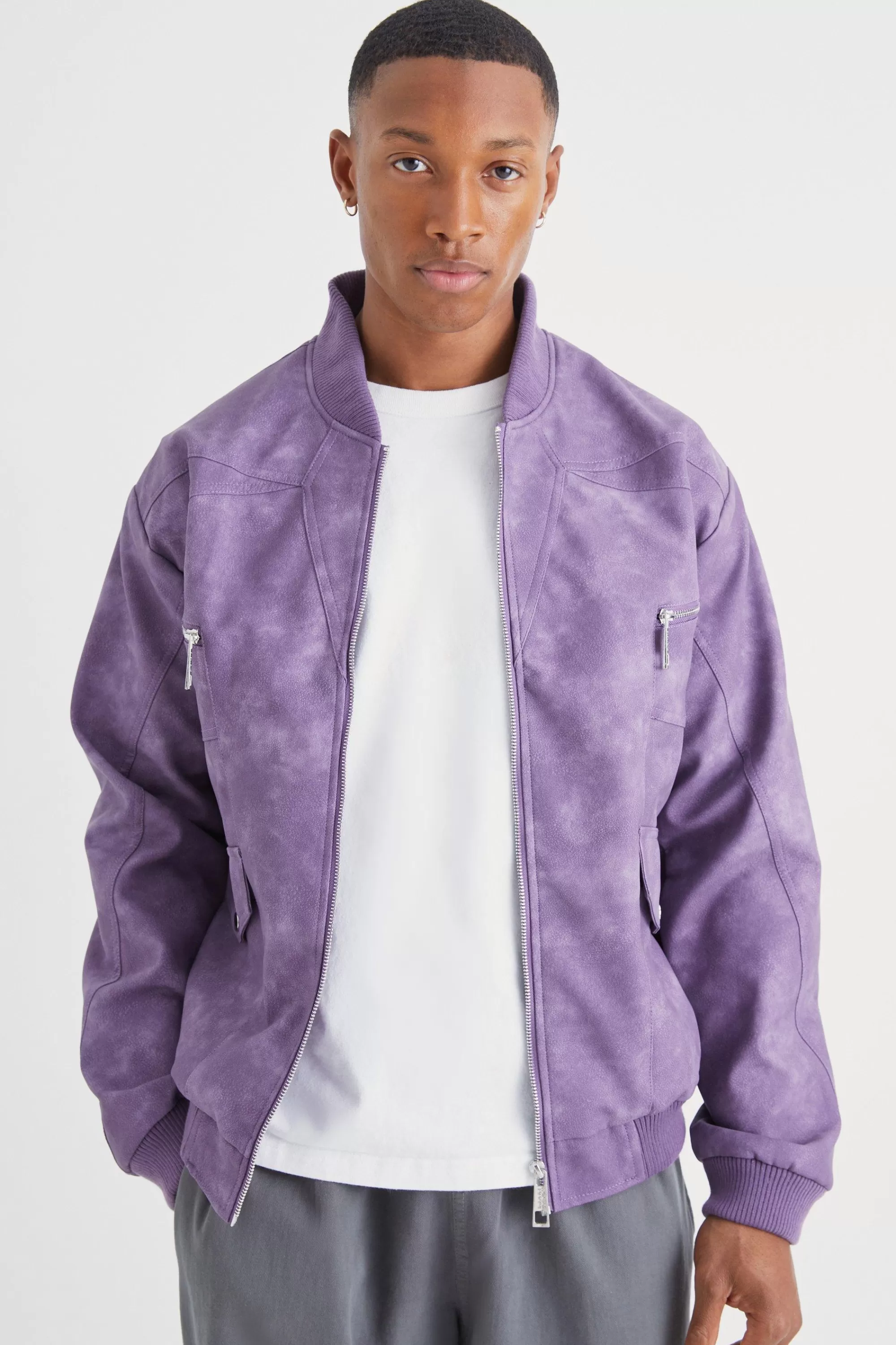 boohooMAN Washed Pu Panel Detail Bomber | UK