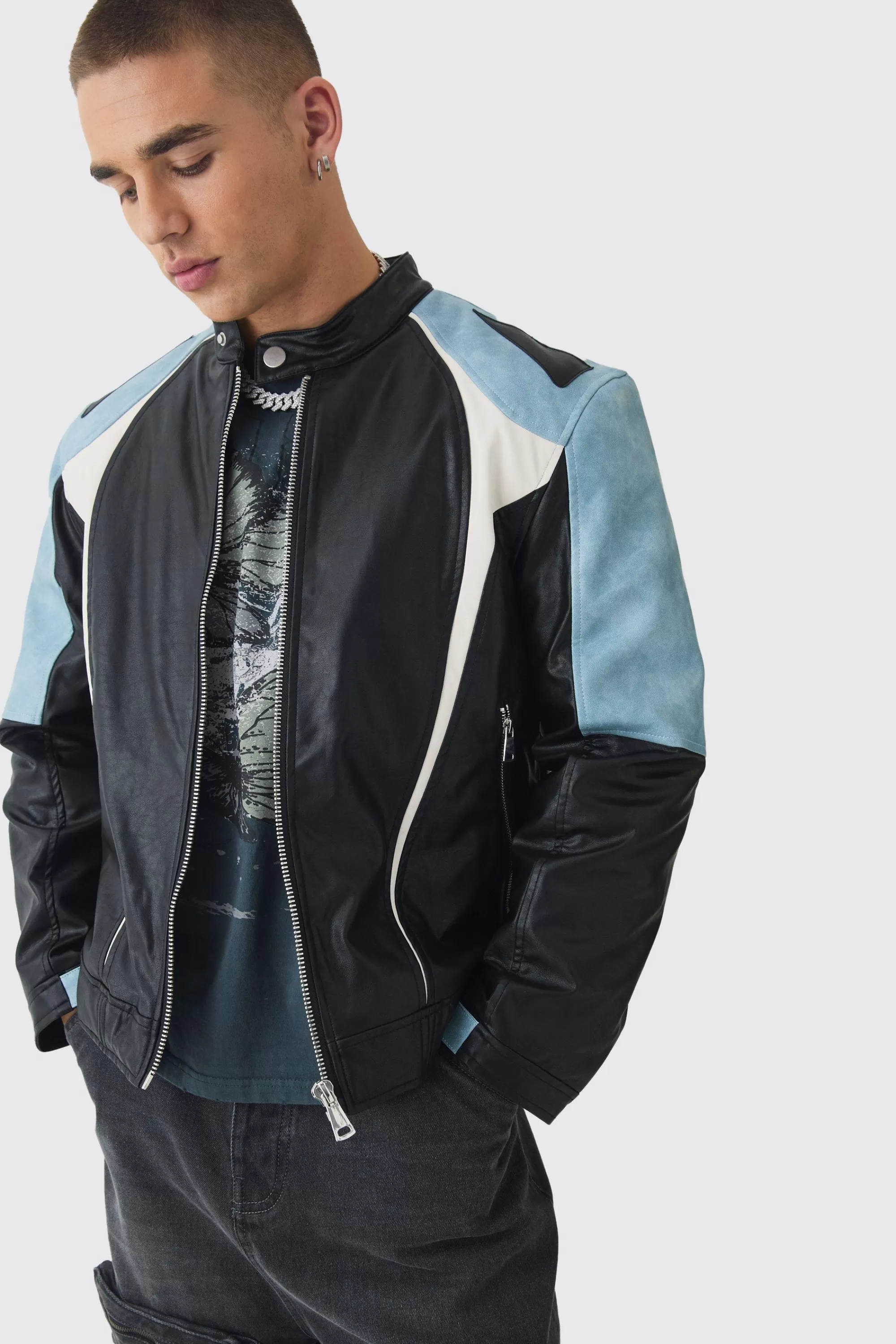 boohooMAN Washed Pu Panel Moto Jacket In | UK