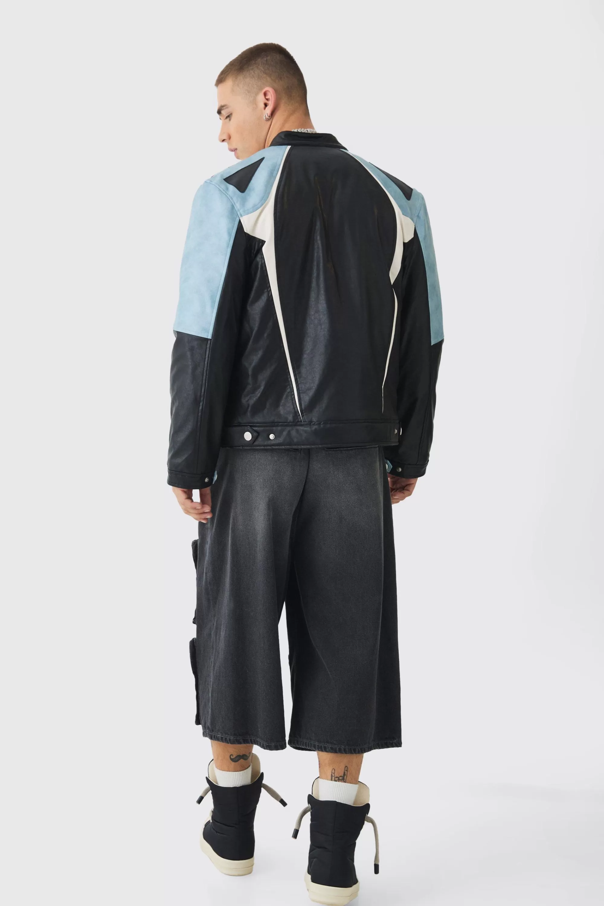 boohooMAN Washed Pu Panel Moto Jacket In | UK