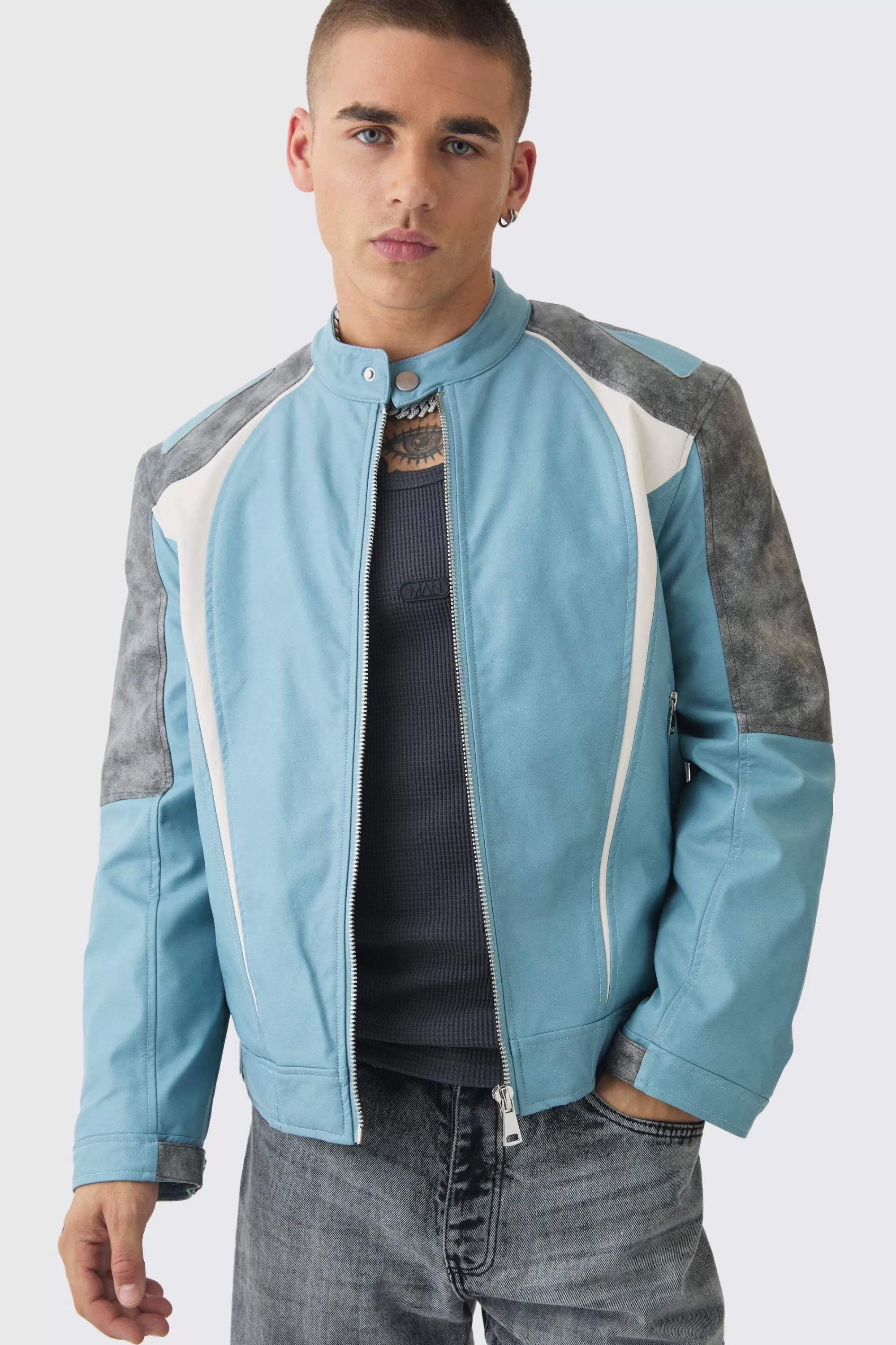 boohooMAN Washed Pu Panel Moto Jacket In | UK