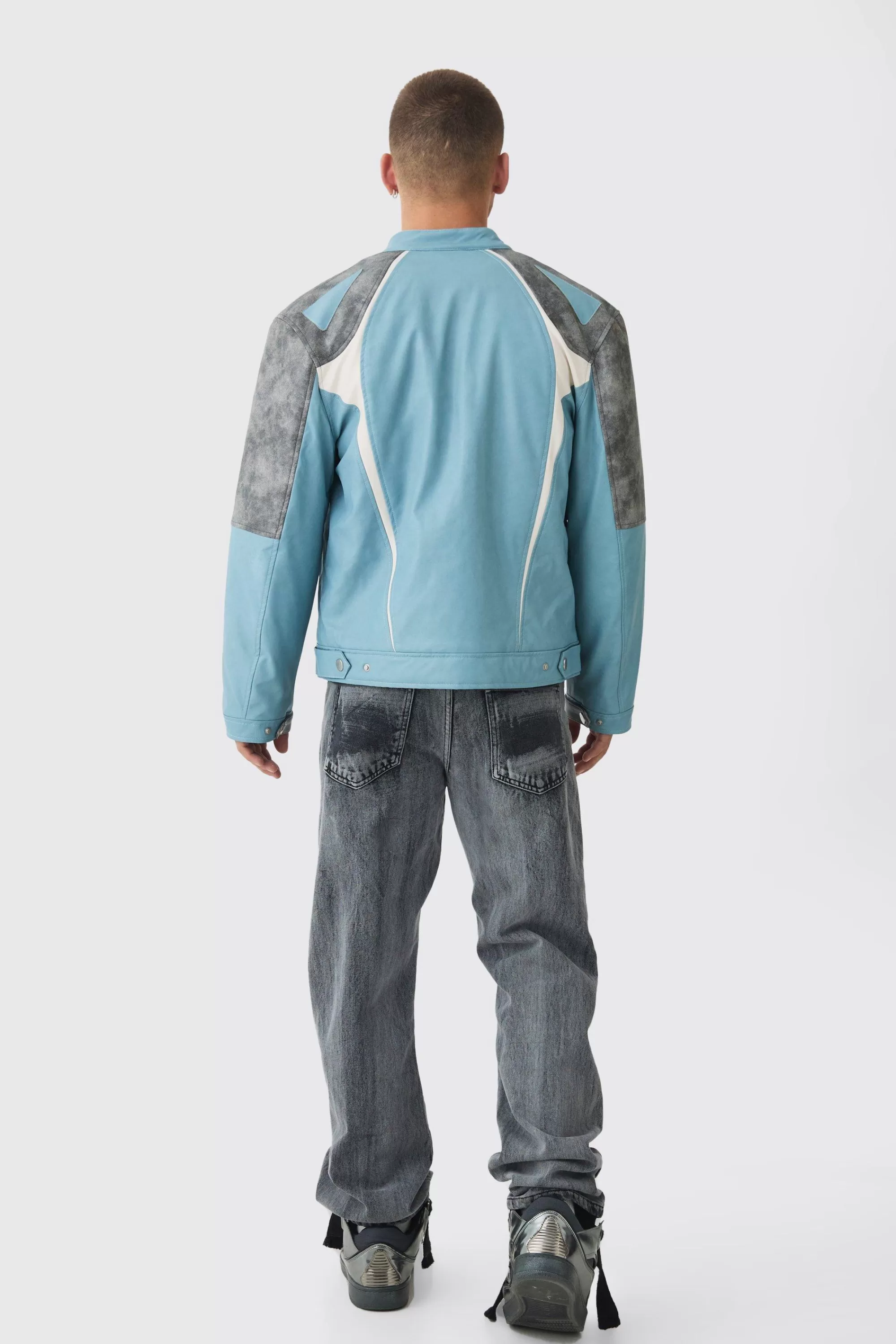 boohooMAN Washed Pu Panel Moto Jacket In | UK