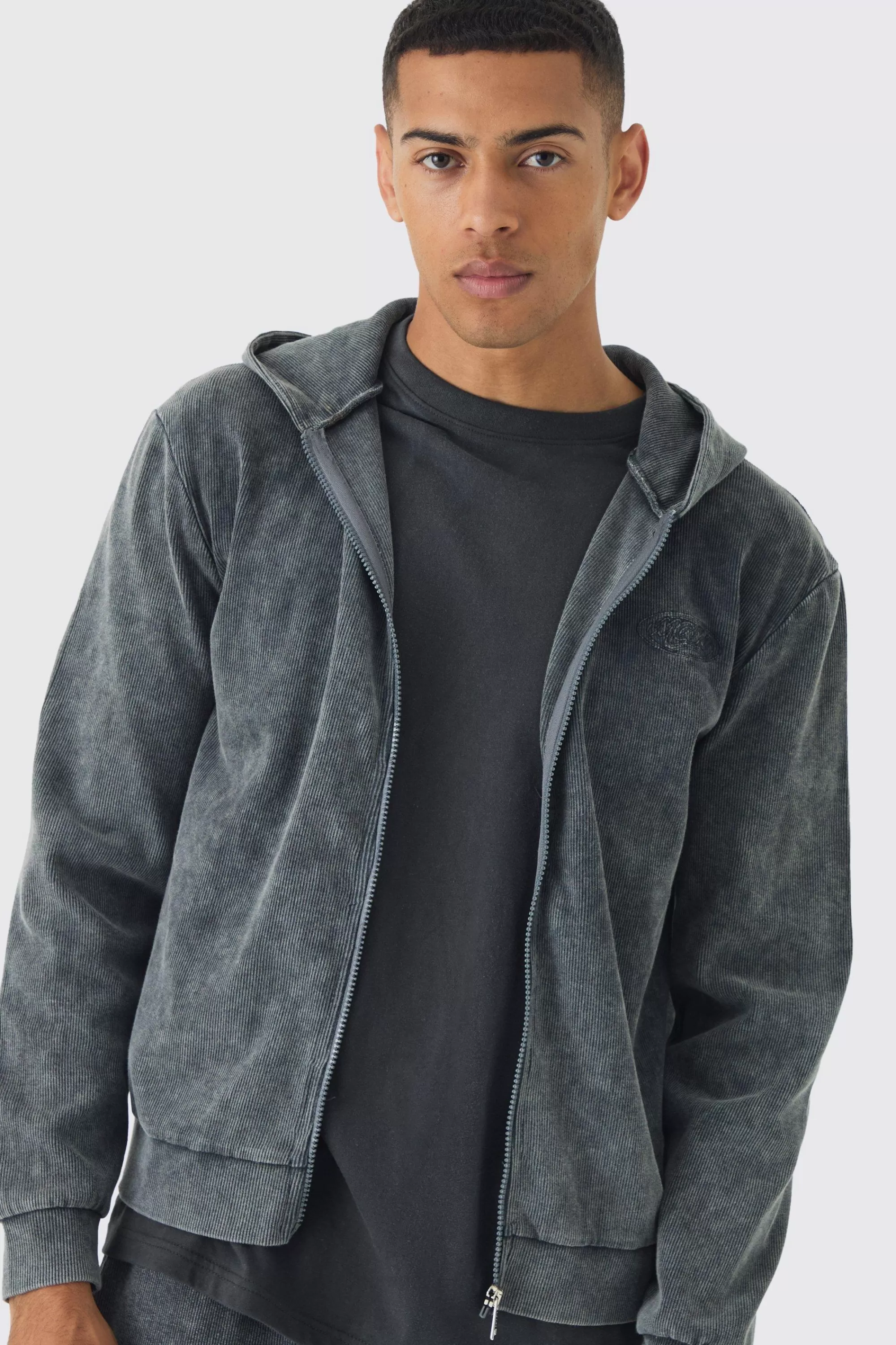 boohooMAN Washed Rib Man Embroidered Zip Through Hoodie | UK