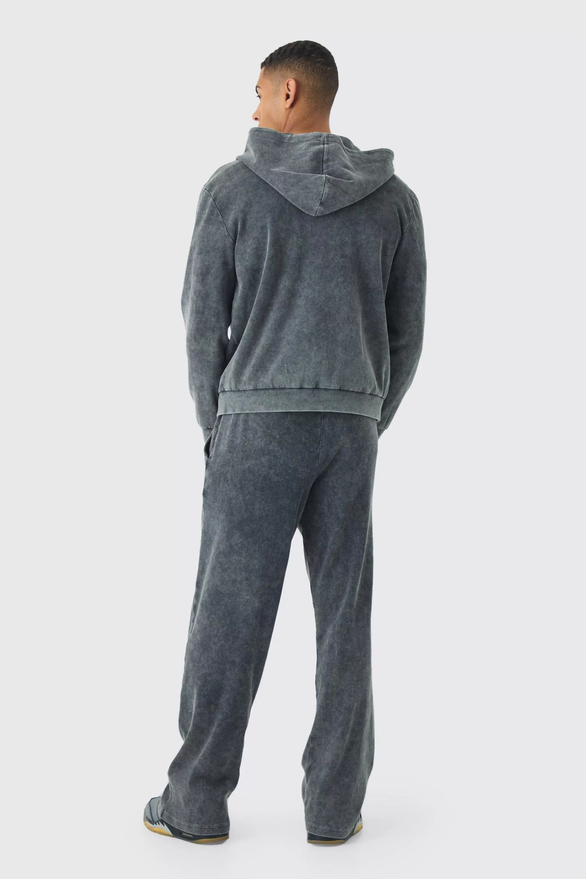 boohooMAN Washed Rib Man Embroidered Zip Through Hoodie | UK