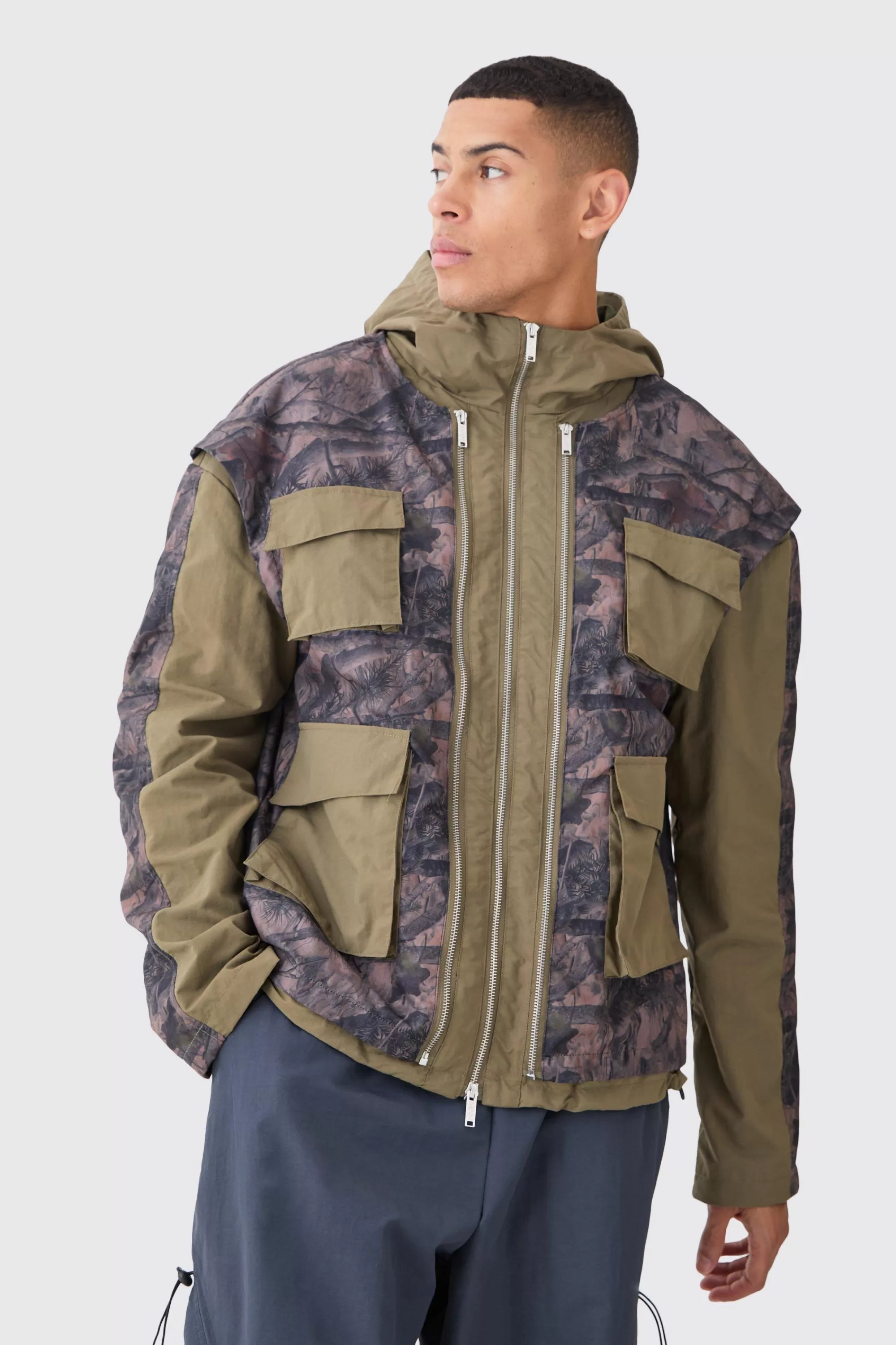 boohooMAN Washed Ripstop Nylon Camo Utility Jacket | UK