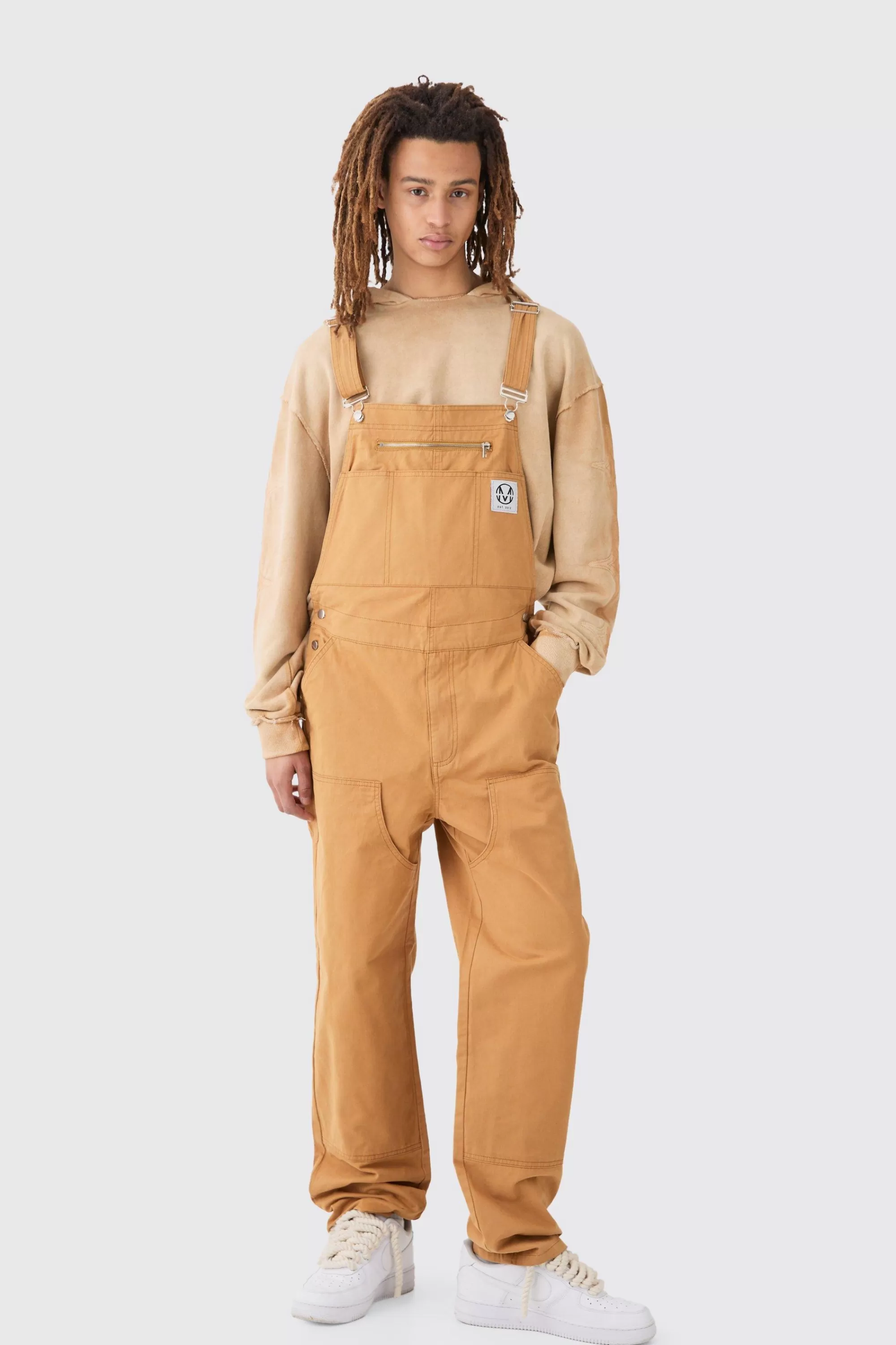 boohooMAN Washed Twill Branded Zip Carpenter Relaxed Fit Dungarees | UK
