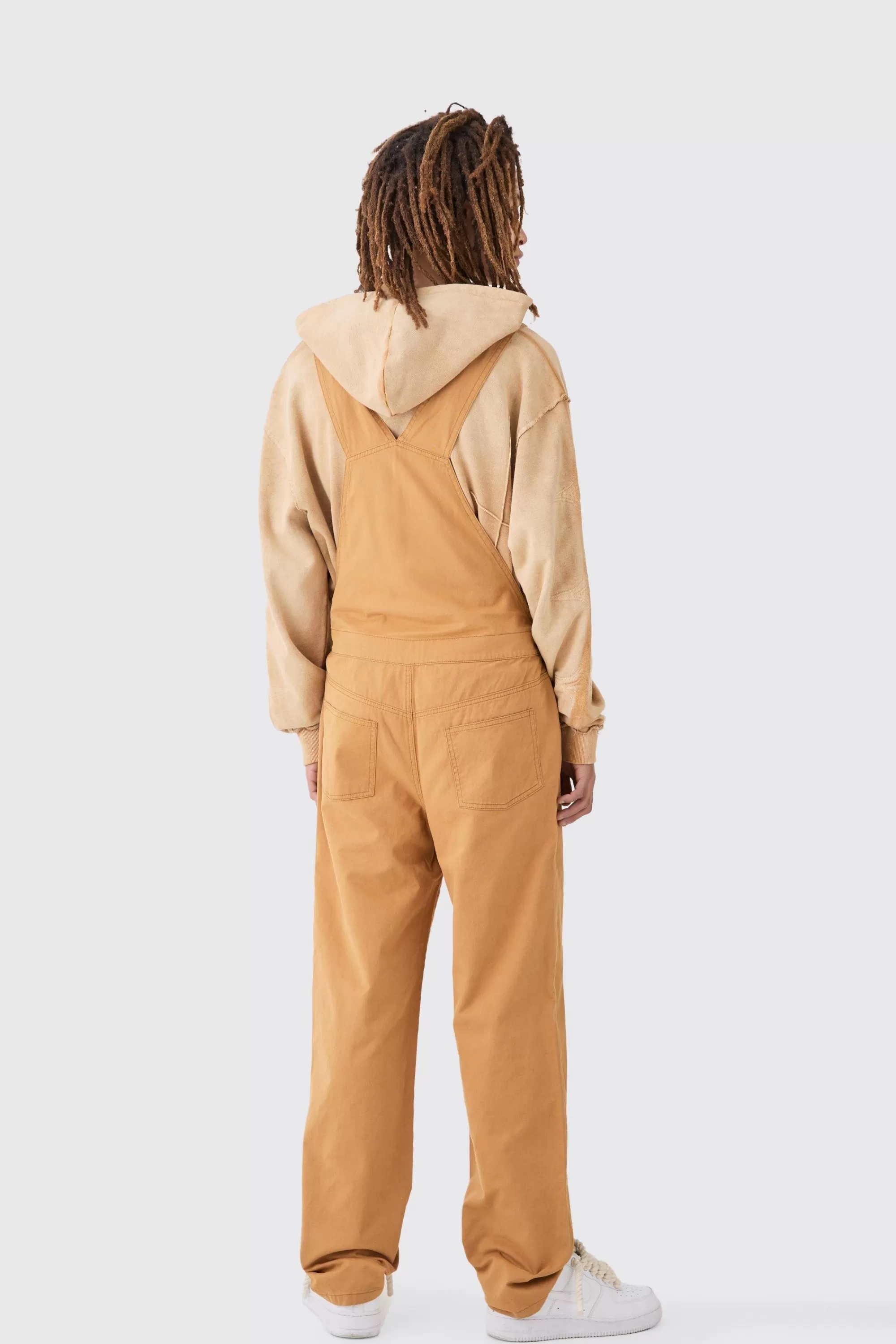 boohooMAN Washed Twill Branded Zip Carpenter Relaxed Fit Dungarees | UK