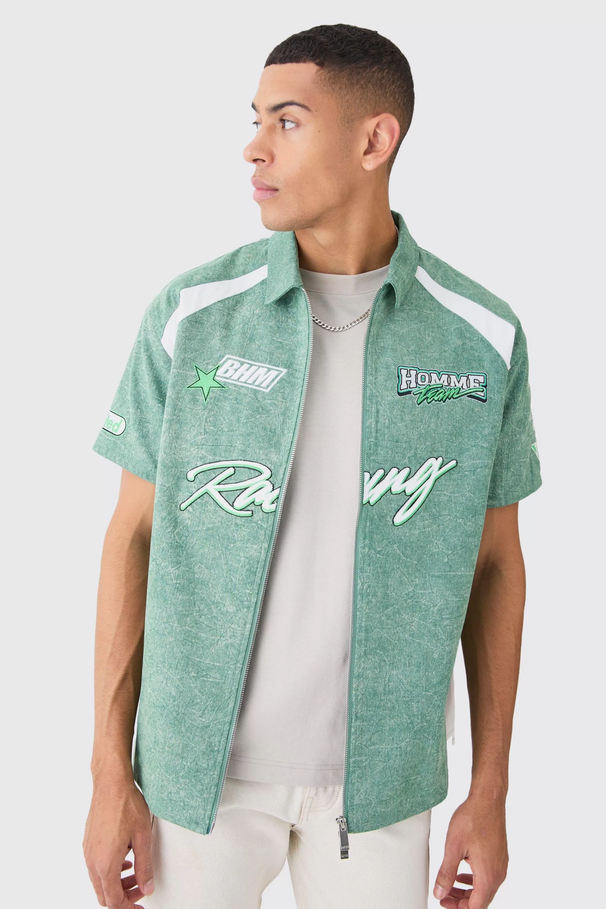 boohooMAN Washed Twill Moto Badge Zip Shirt | UK