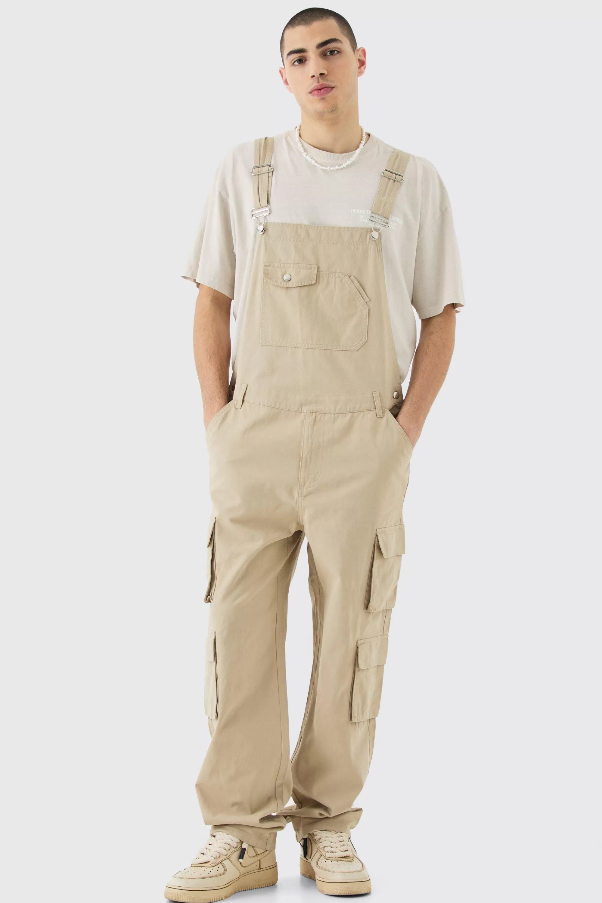 boohooMAN Washed Twill Multi Cargo Pocket Relaxed Fit Dungarees | UK
