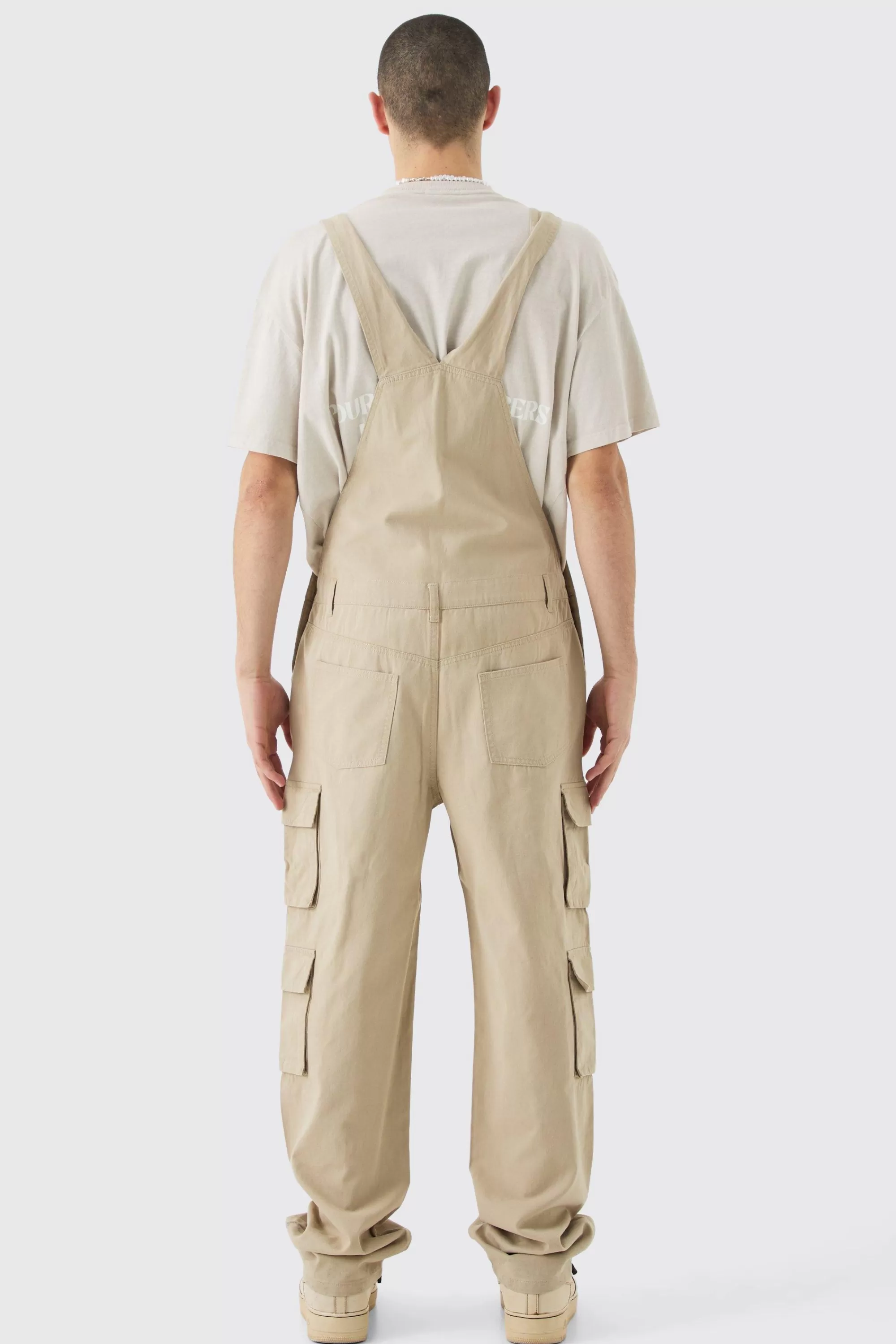 boohooMAN Washed Twill Multi Cargo Pocket Relaxed Fit Dungarees | UK