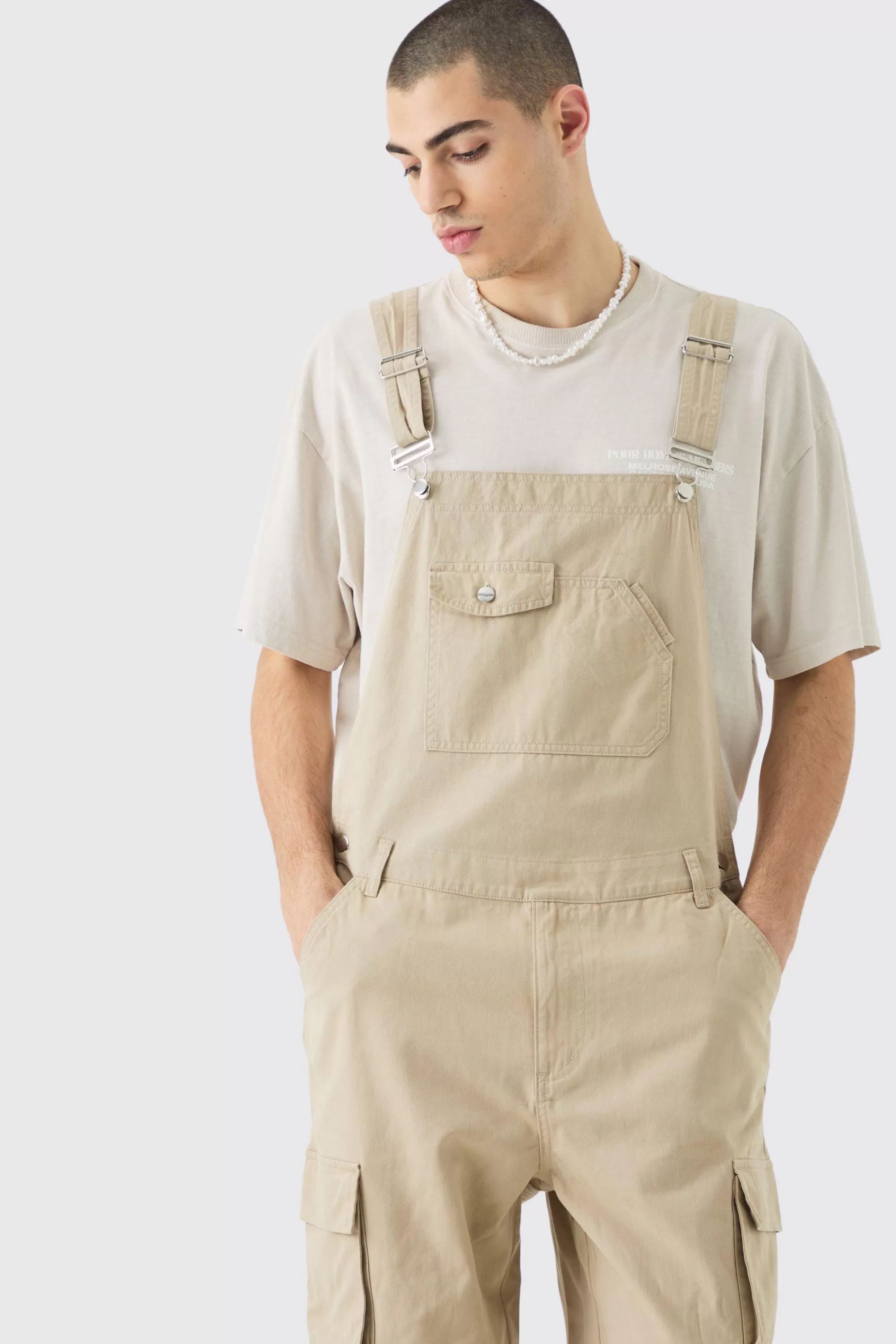 boohooMAN Washed Twill Multi Cargo Pocket Relaxed Fit Dungarees | UK