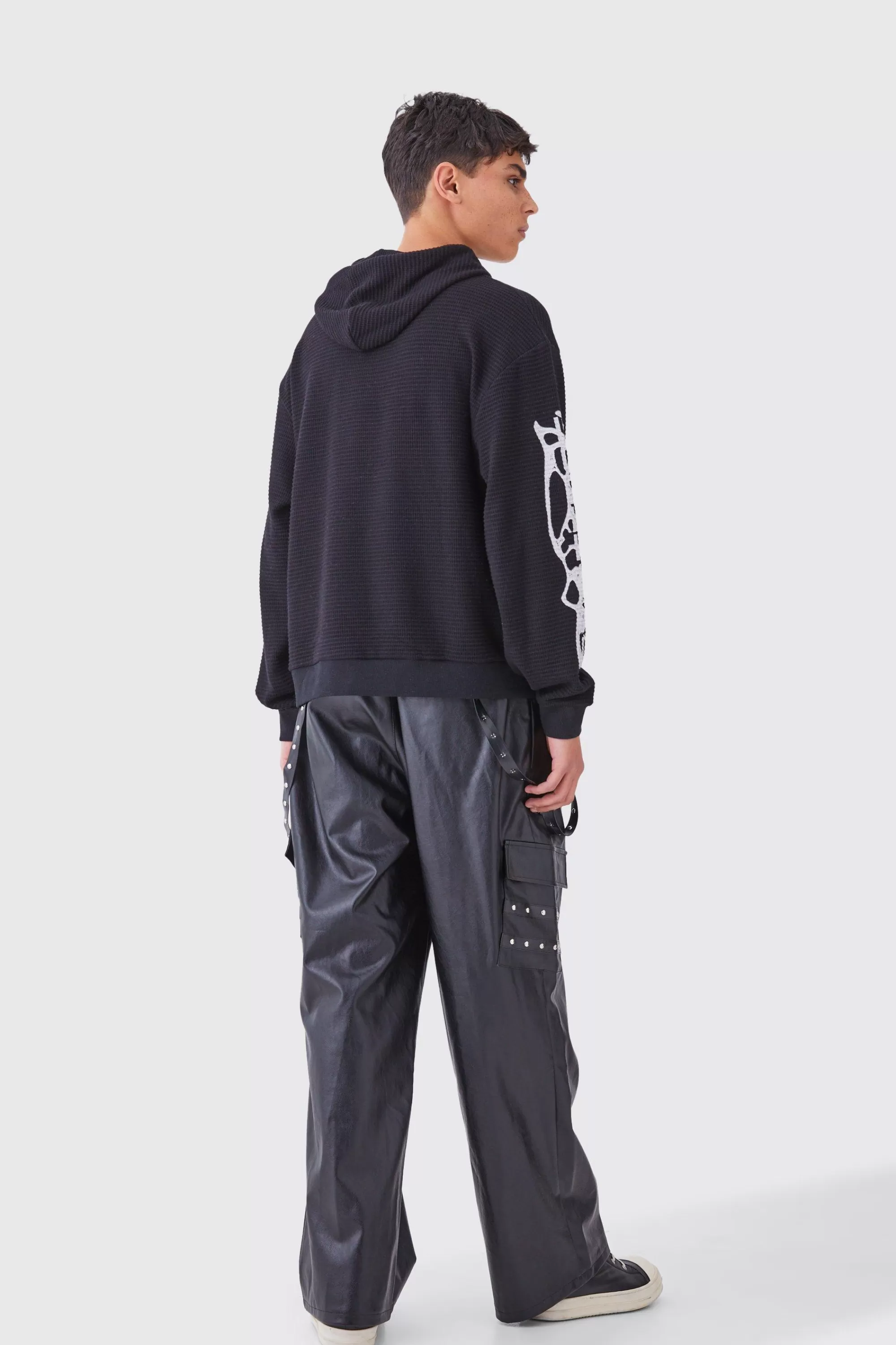 boohooMAN Wide Leg Elasticated Waist Pu Trouser | UK