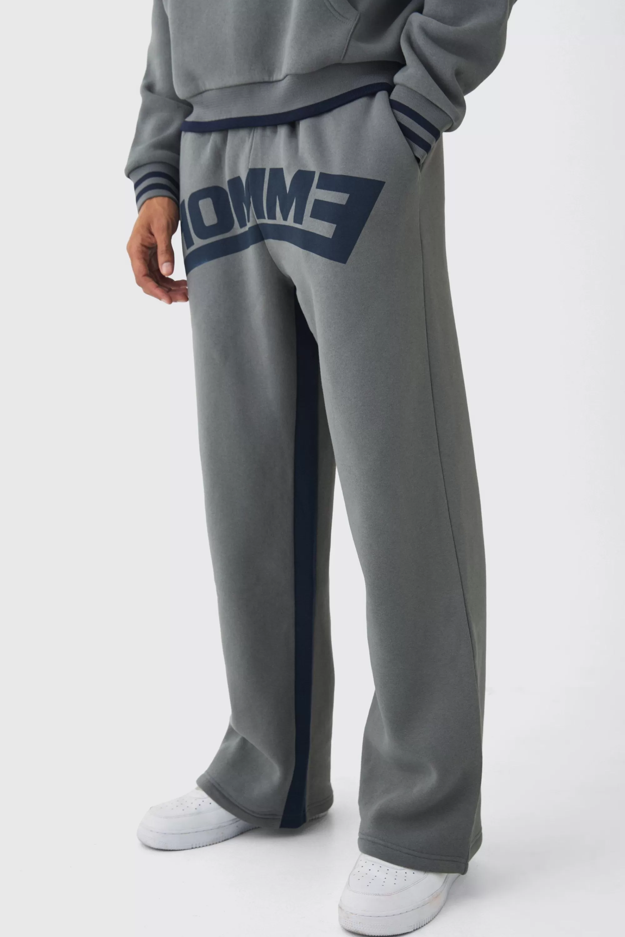 boohooMAN Wide Leg Homme Graphic Stripe Gusset Joggers | UK