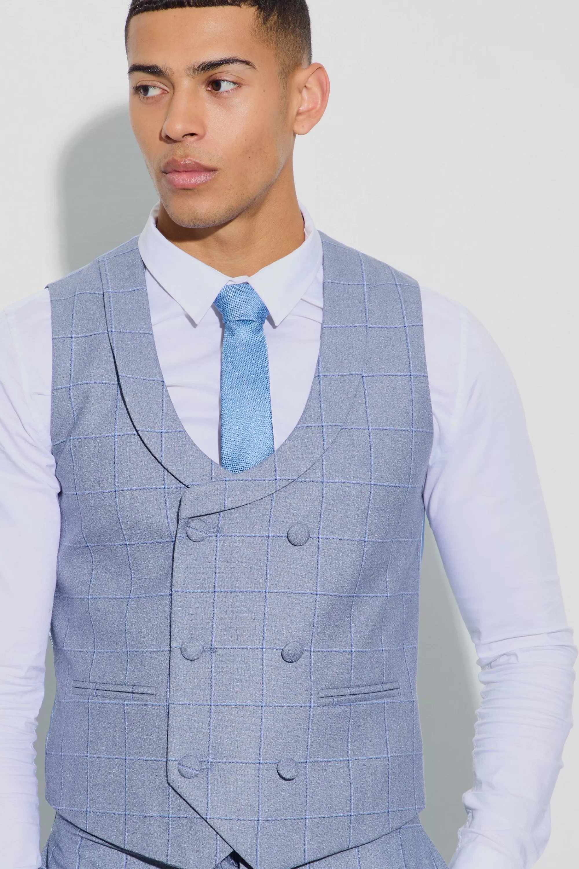 boohooMAN Window Check Double Breasted Waistcoat | UK