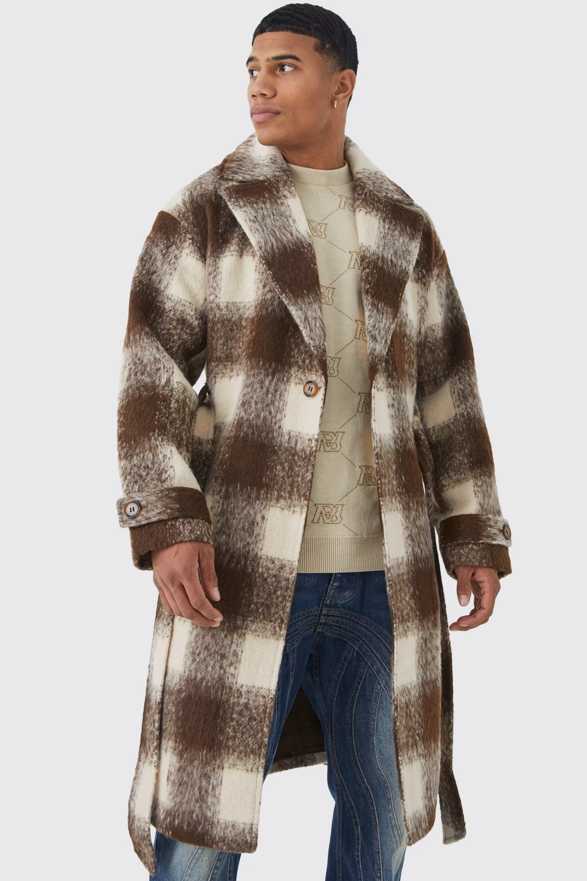 boohooMAN Wool Look Check Belted Overcoat | UK