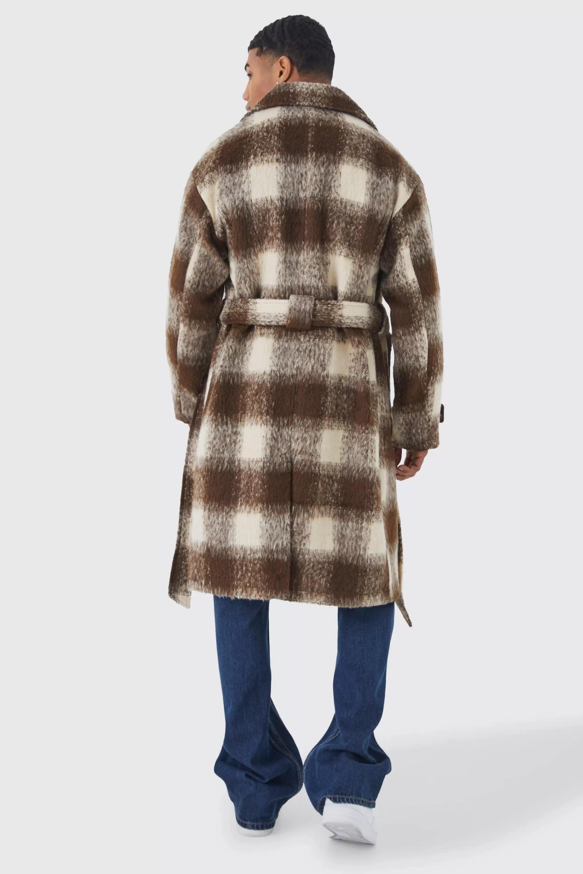 boohooMAN Wool Look Check Belted Overcoat | UK