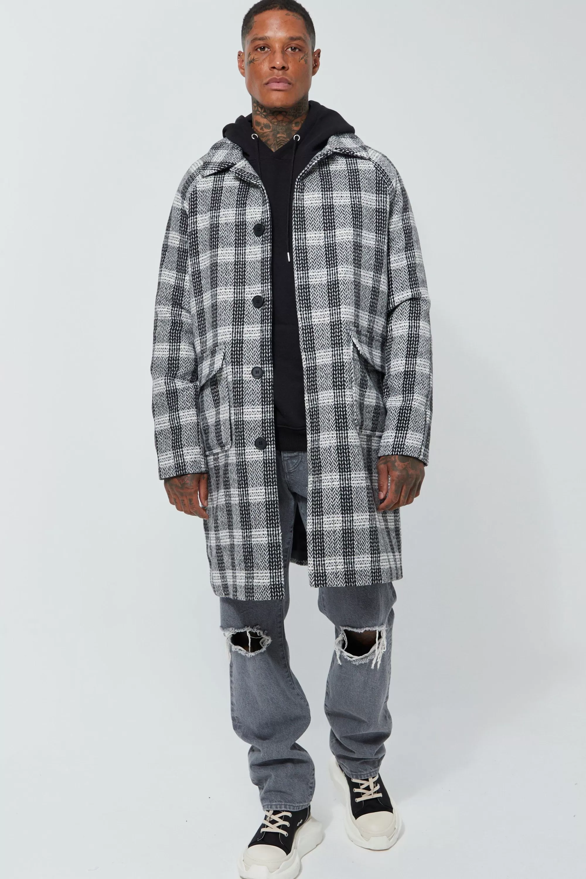 boohooMAN Wool Look Check Single Breasted Collared Overcoat | UK