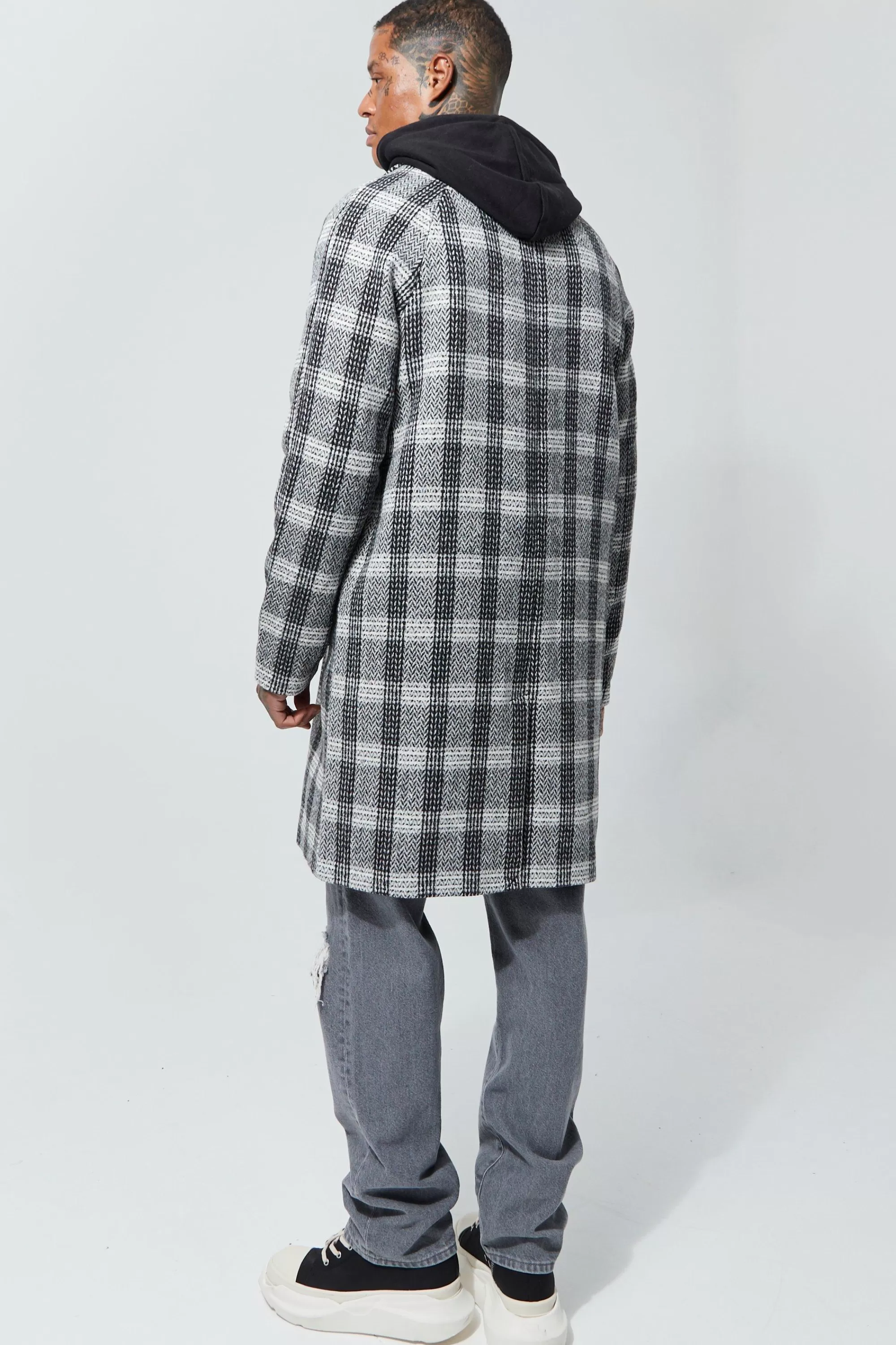 boohooMAN Wool Look Check Single Breasted Collared Overcoat | UK