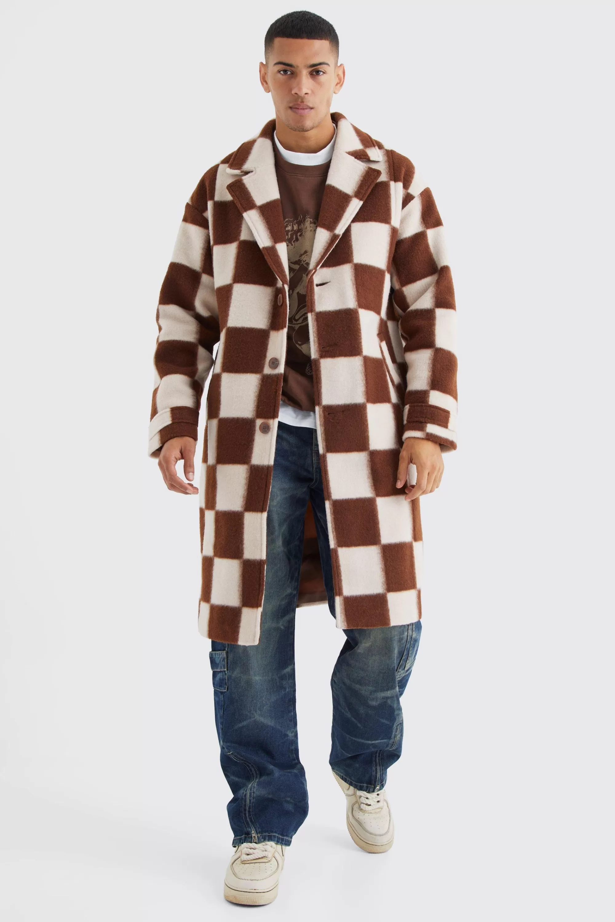 boohooMAN Wool Look Checkerboard Single Breasted Overcoat | UK