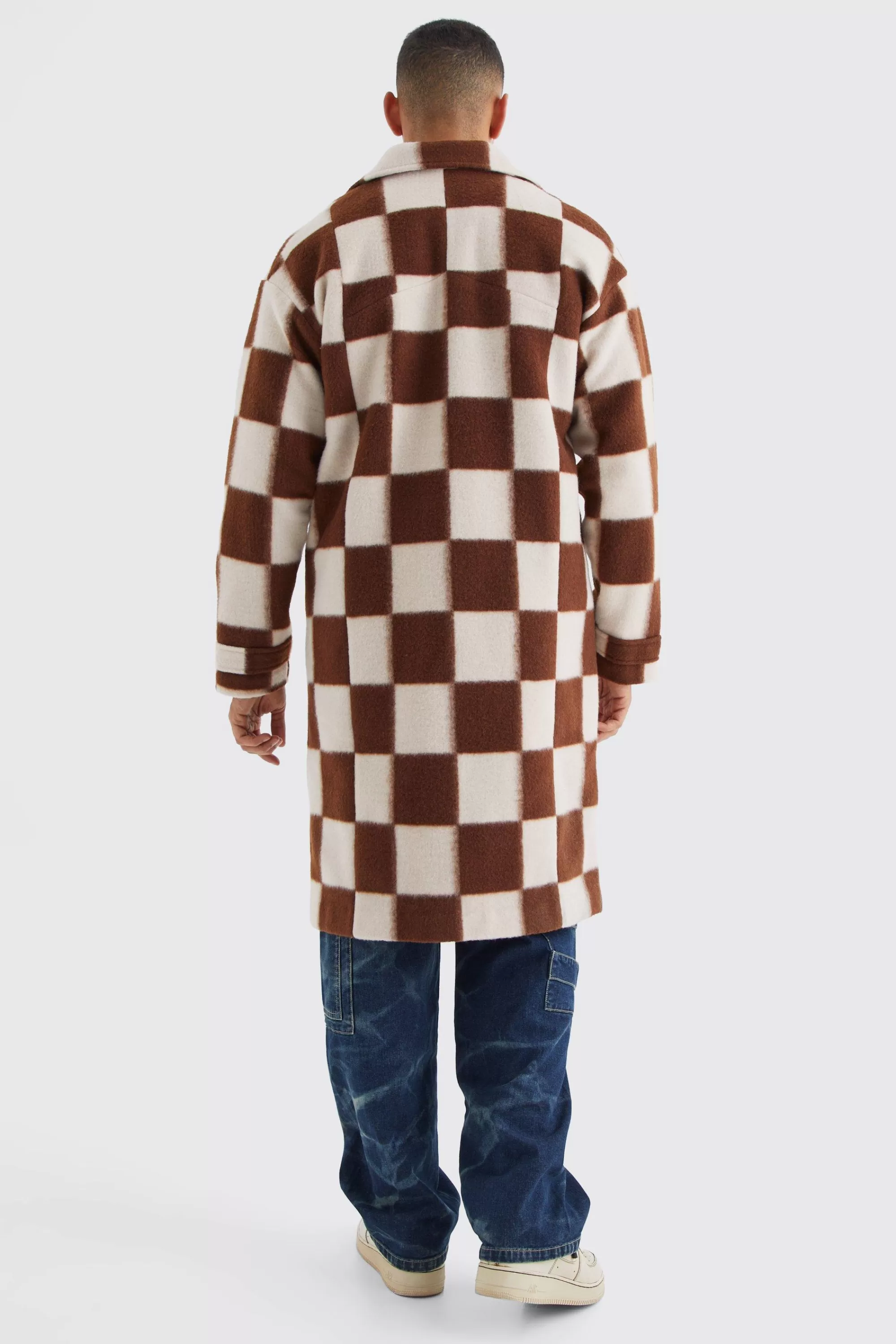 boohooMAN Wool Look Checkerboard Single Breasted Overcoat | UK