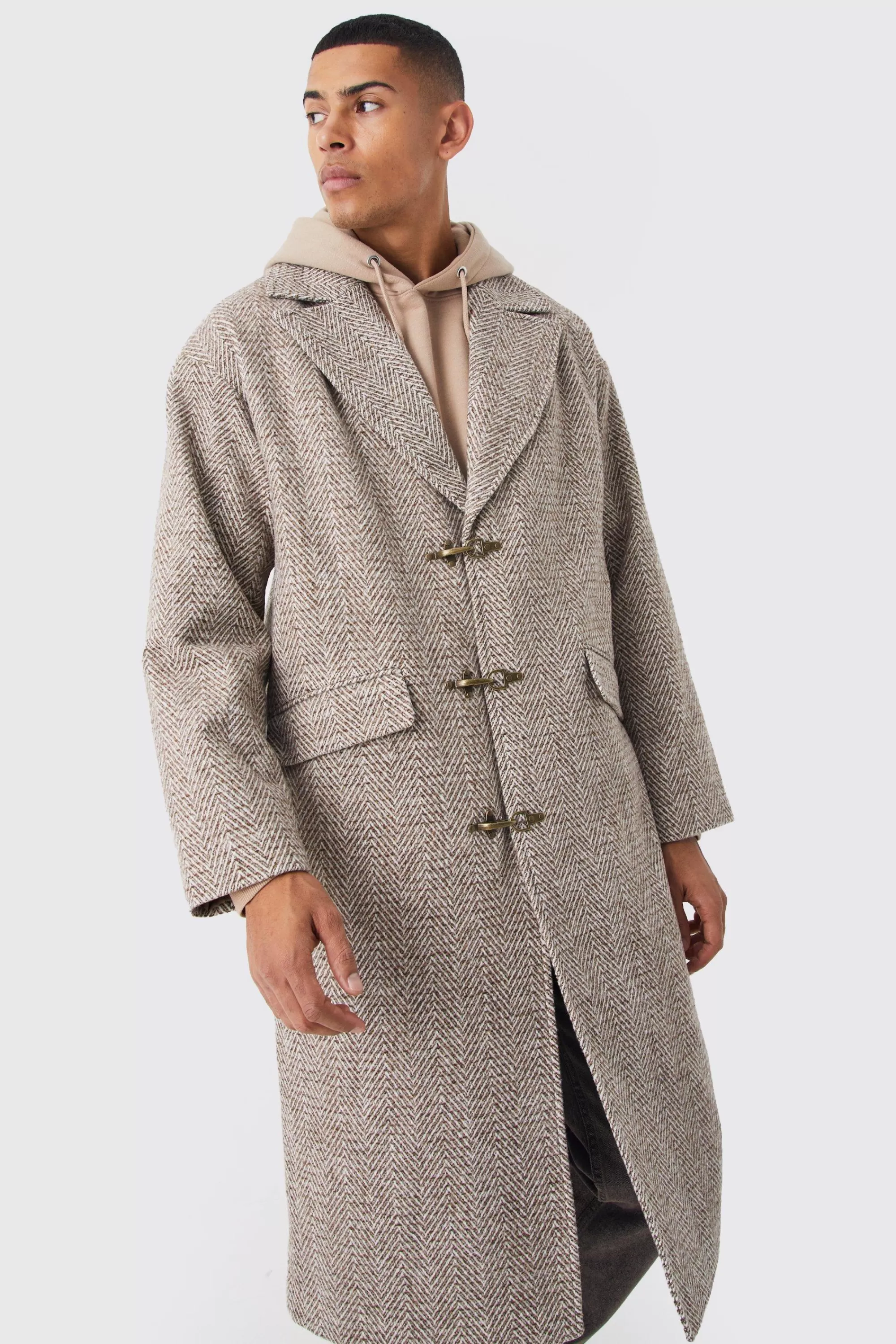 boohooMAN Wool Look Overcoat With Metal Clasp | UK