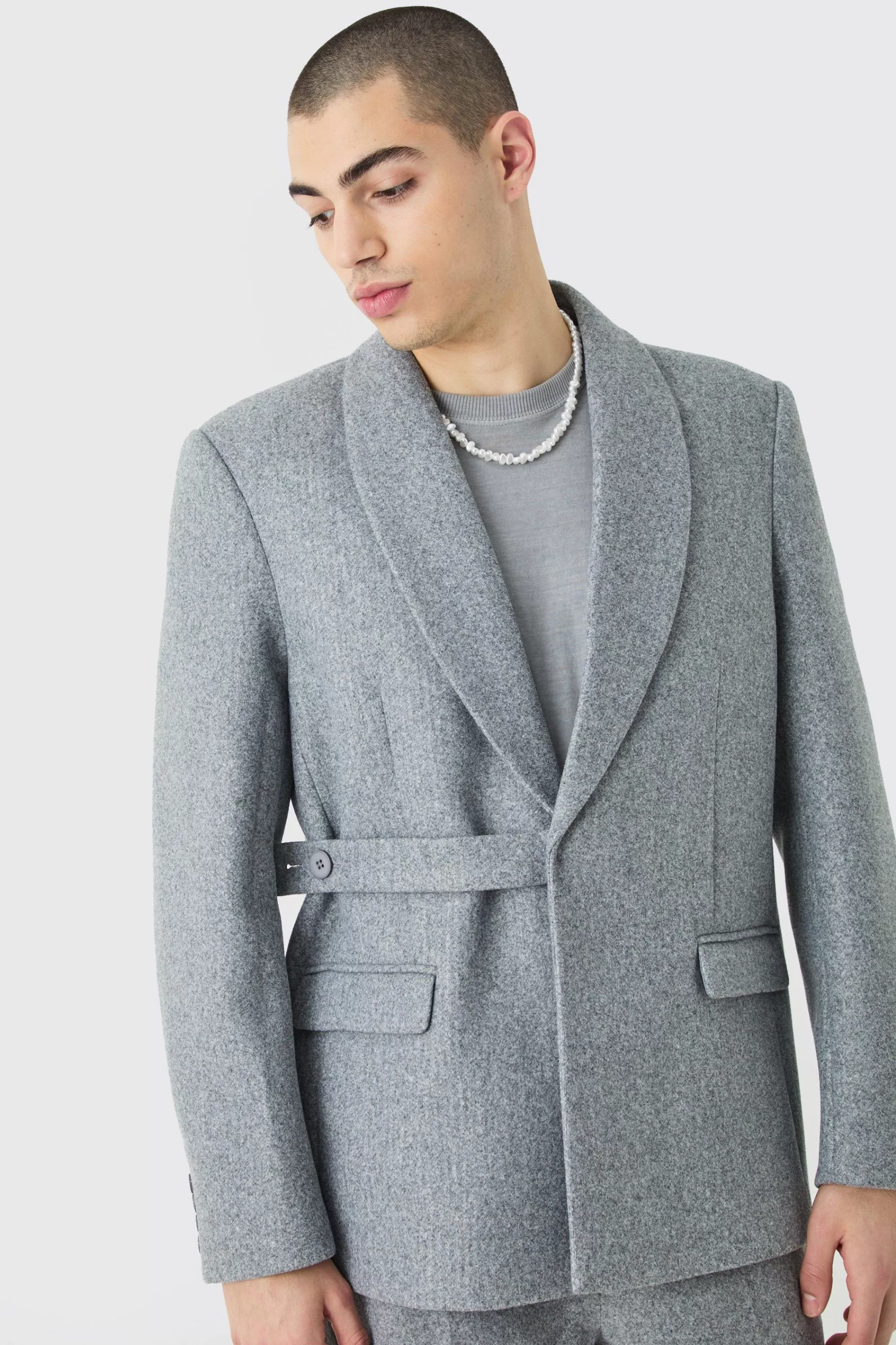 boohooMAN Wool Look Oversized Strap Detail Blazer | UK