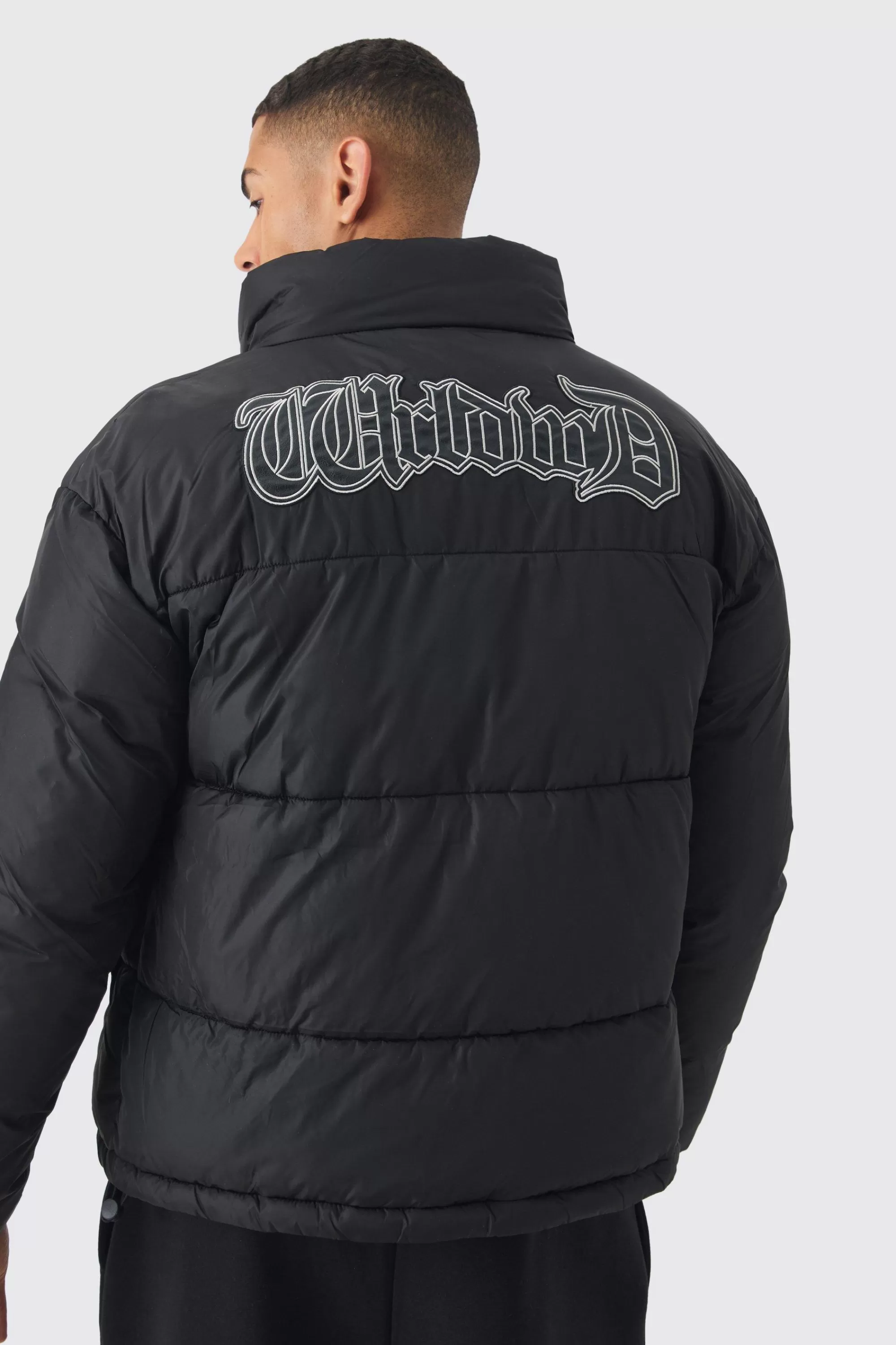 boohooMAN Worldwide Applique Funnel Neck Puffer In | UK