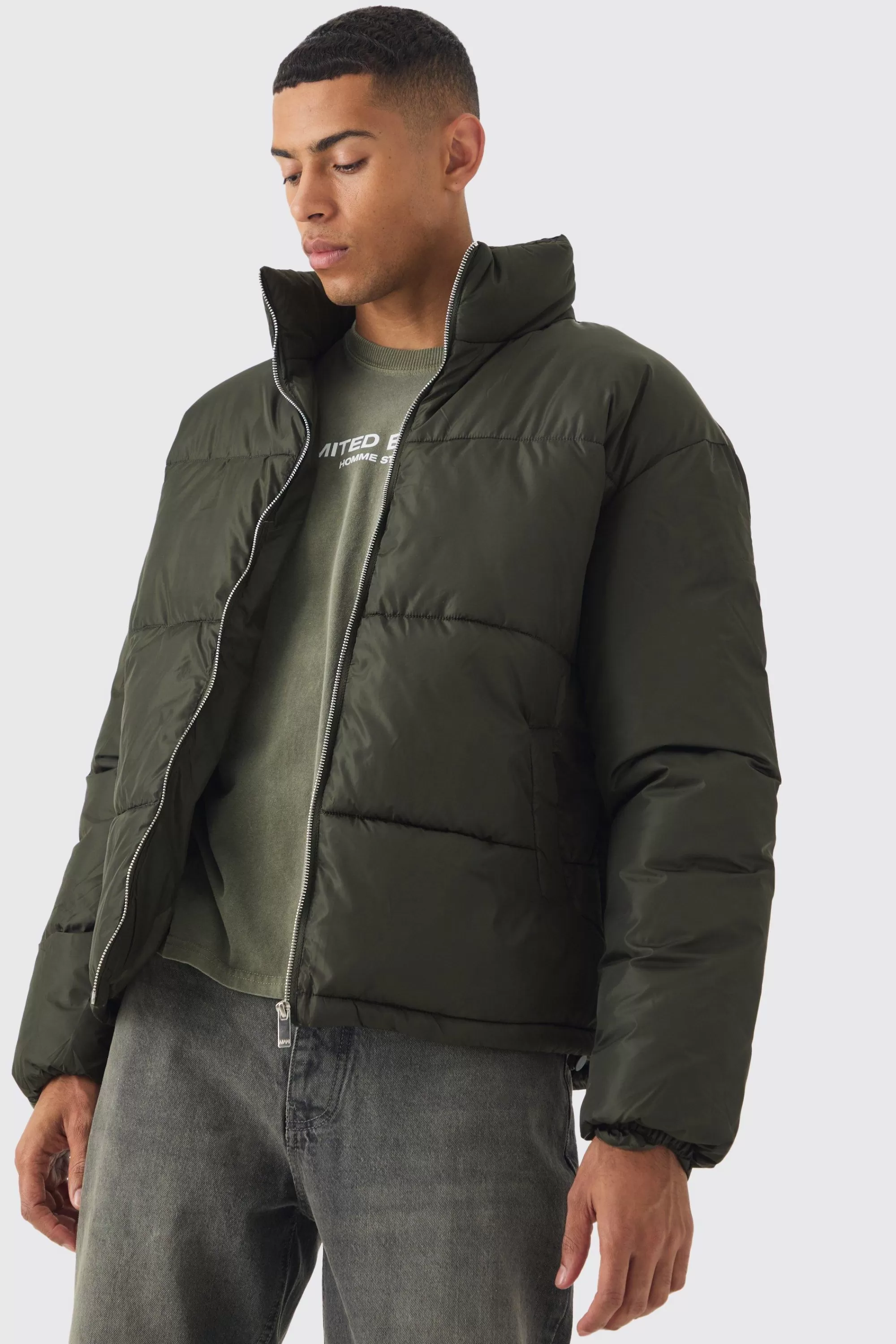 boohooMAN Worldwide Applique Funnel Neck Puffer In | UK