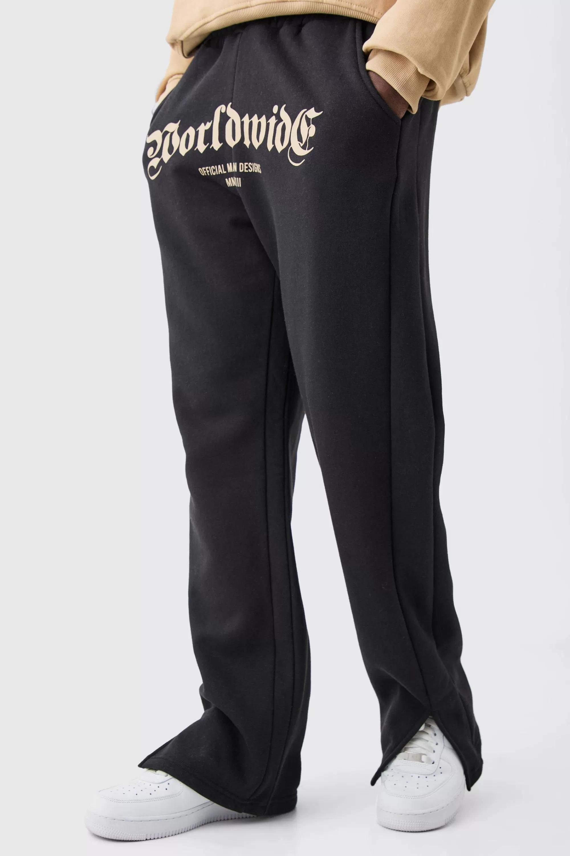 boohooMAN Worldwide Crotch Print Split Hem Gusset Jogger | UK