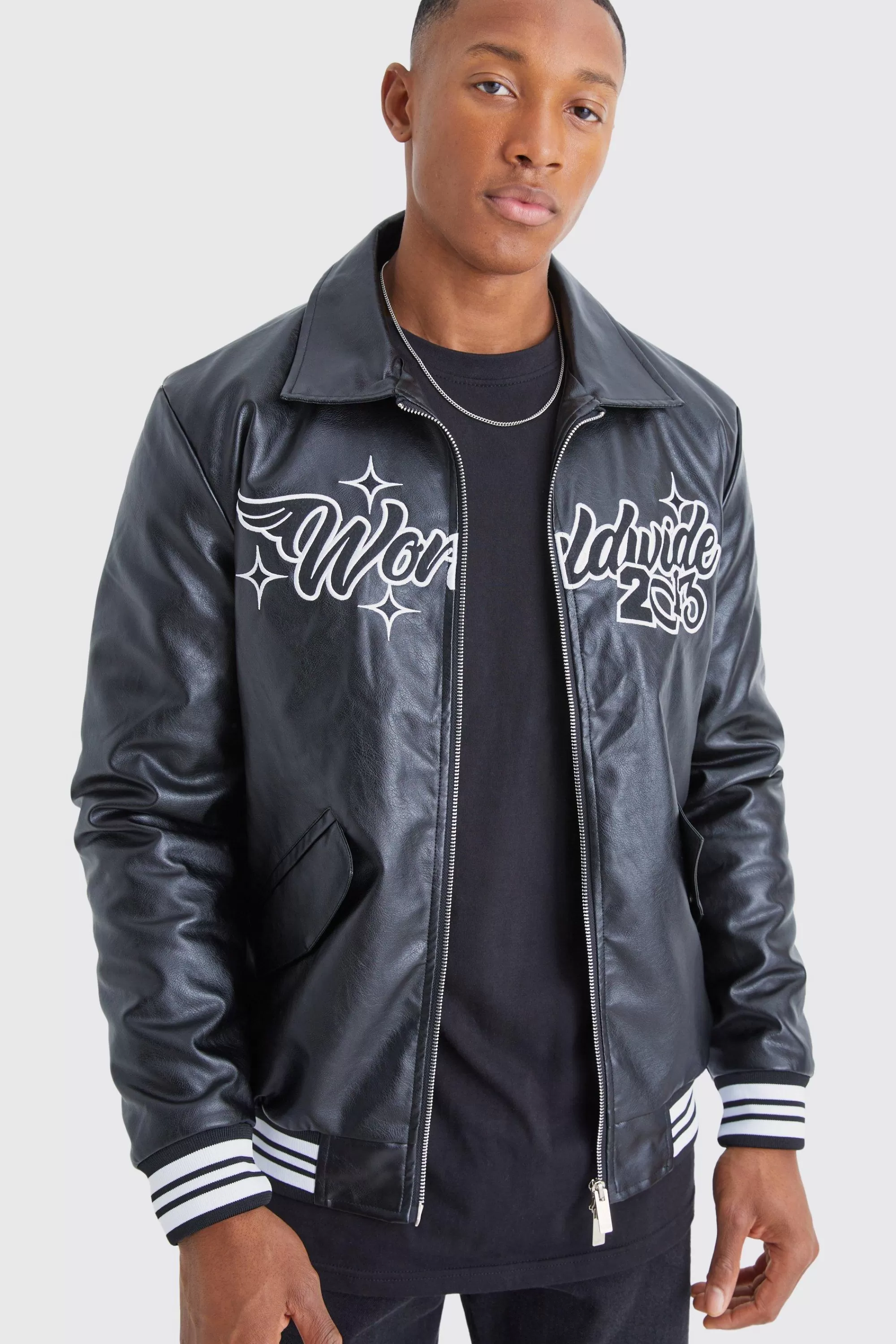 boohooMAN Worldwide Pu Collared Bomber | UK