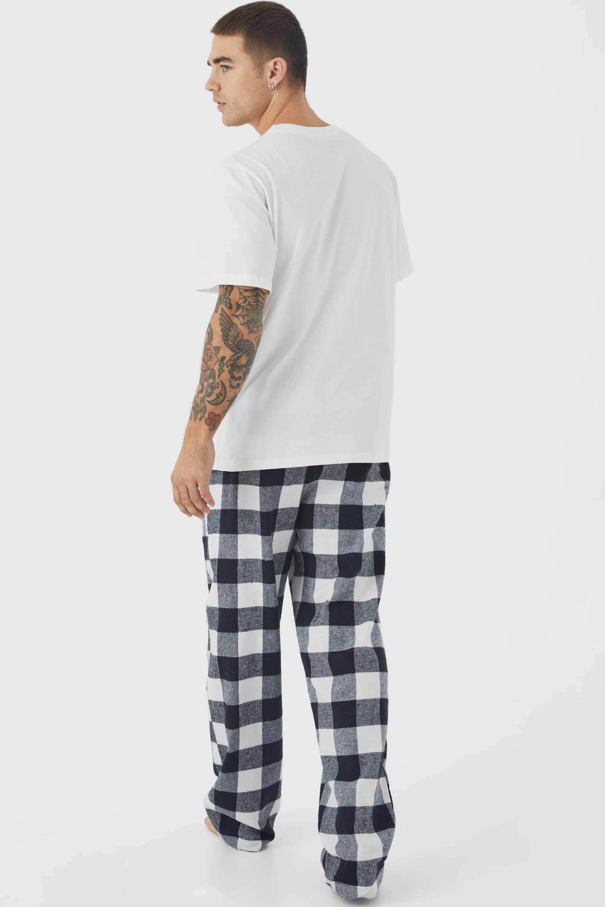 boohooMAN Woven Check Pyjama Bottoms And T-shirt Set | UK