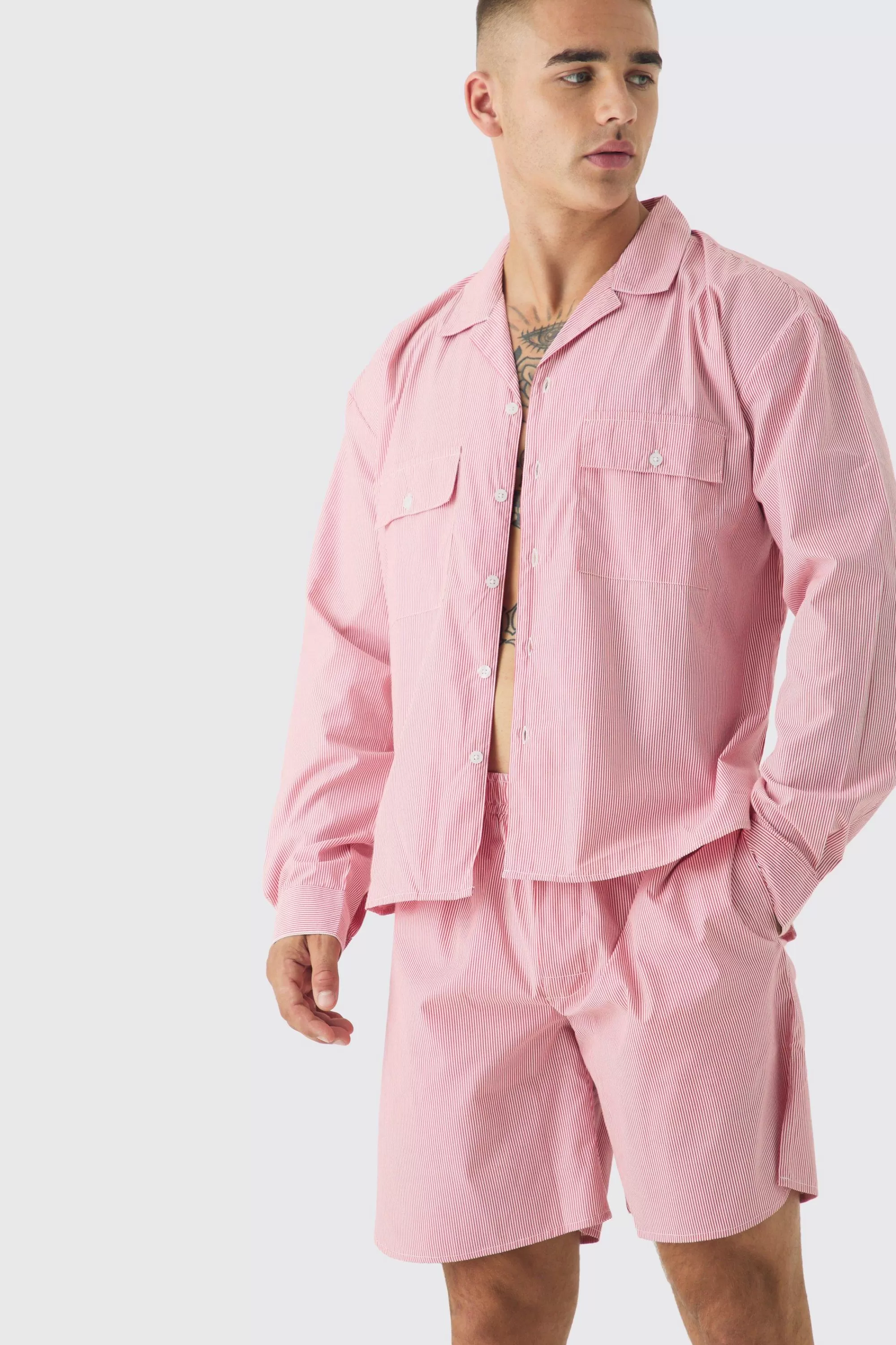 boohooMAN Woven Oversized Shirt & Short Lounge Set | UK