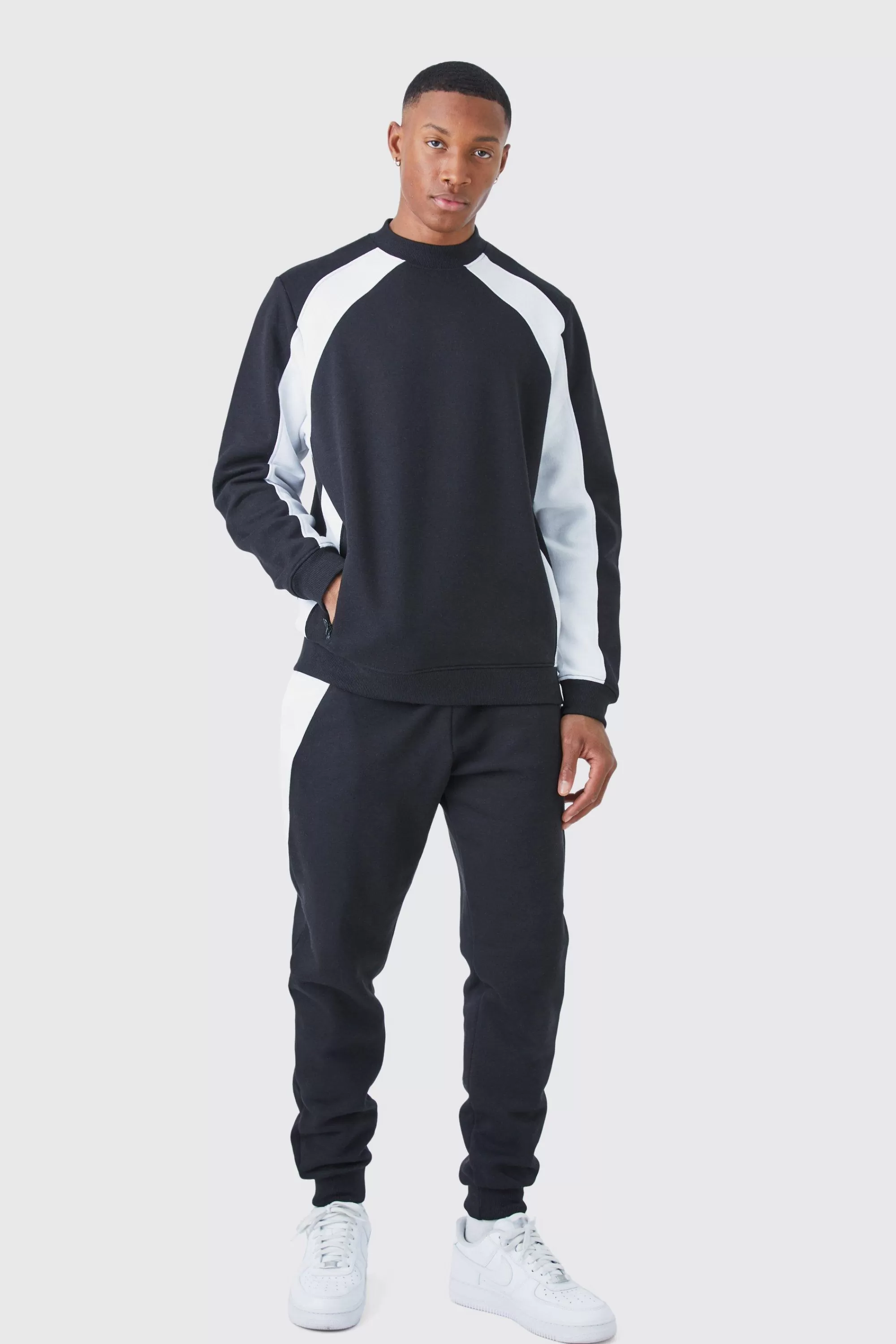 boohooMAN Zip Detail Colour Block Sweatshirt Tracksuit | UK
