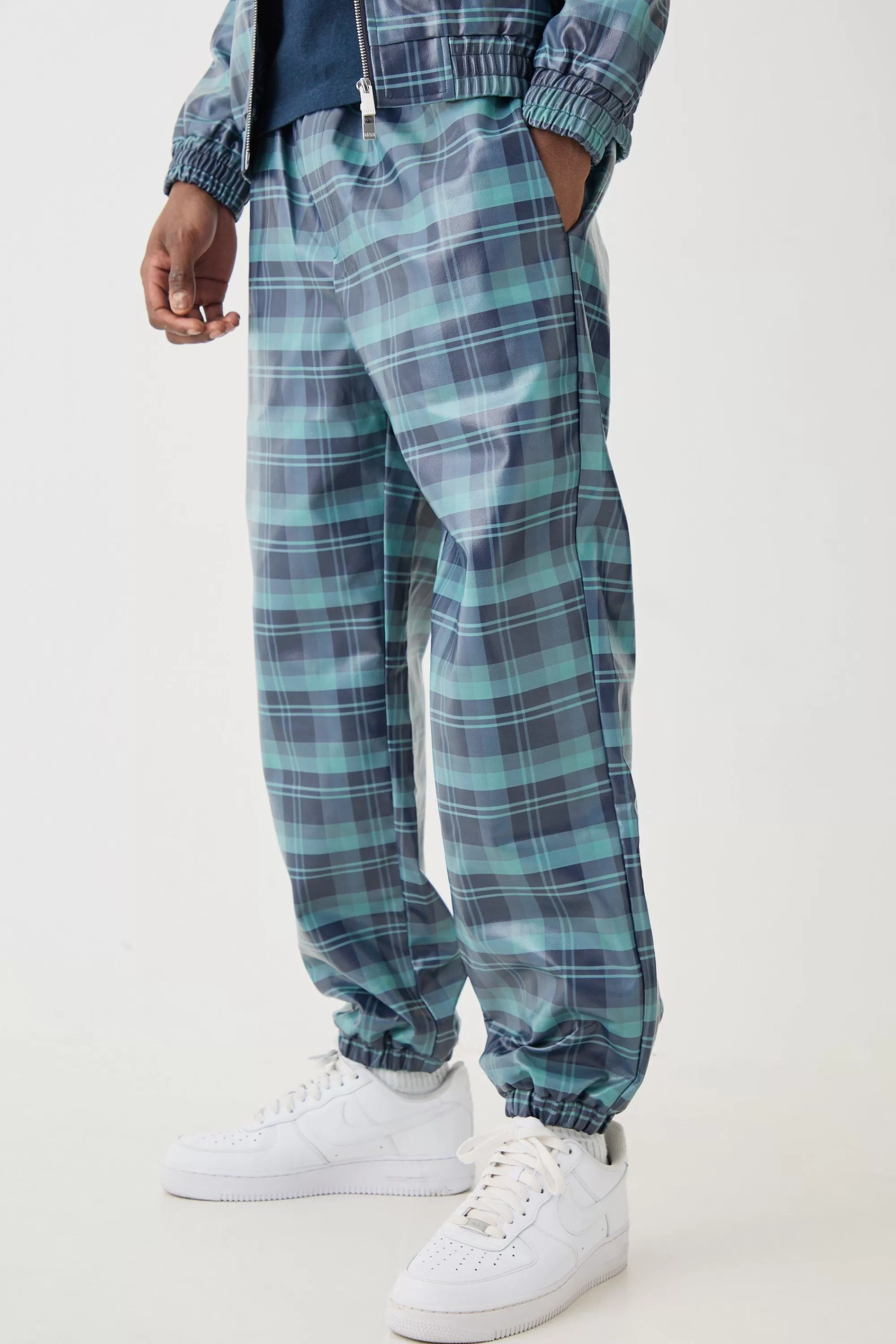 boohooMAN Zip Through Check Pu Harrington Set | UK