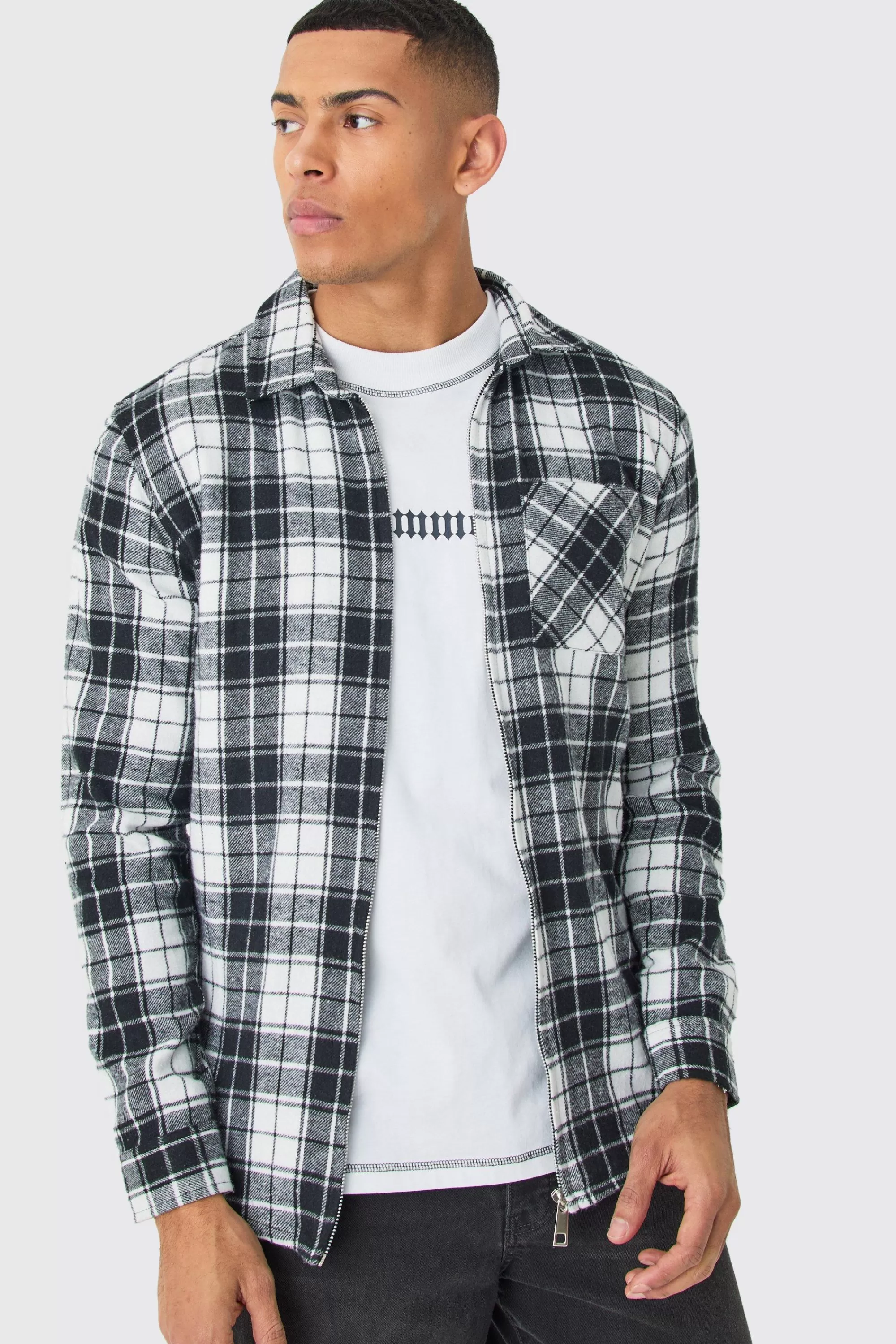 boohooMAN Zip Through Check Shirt | UK