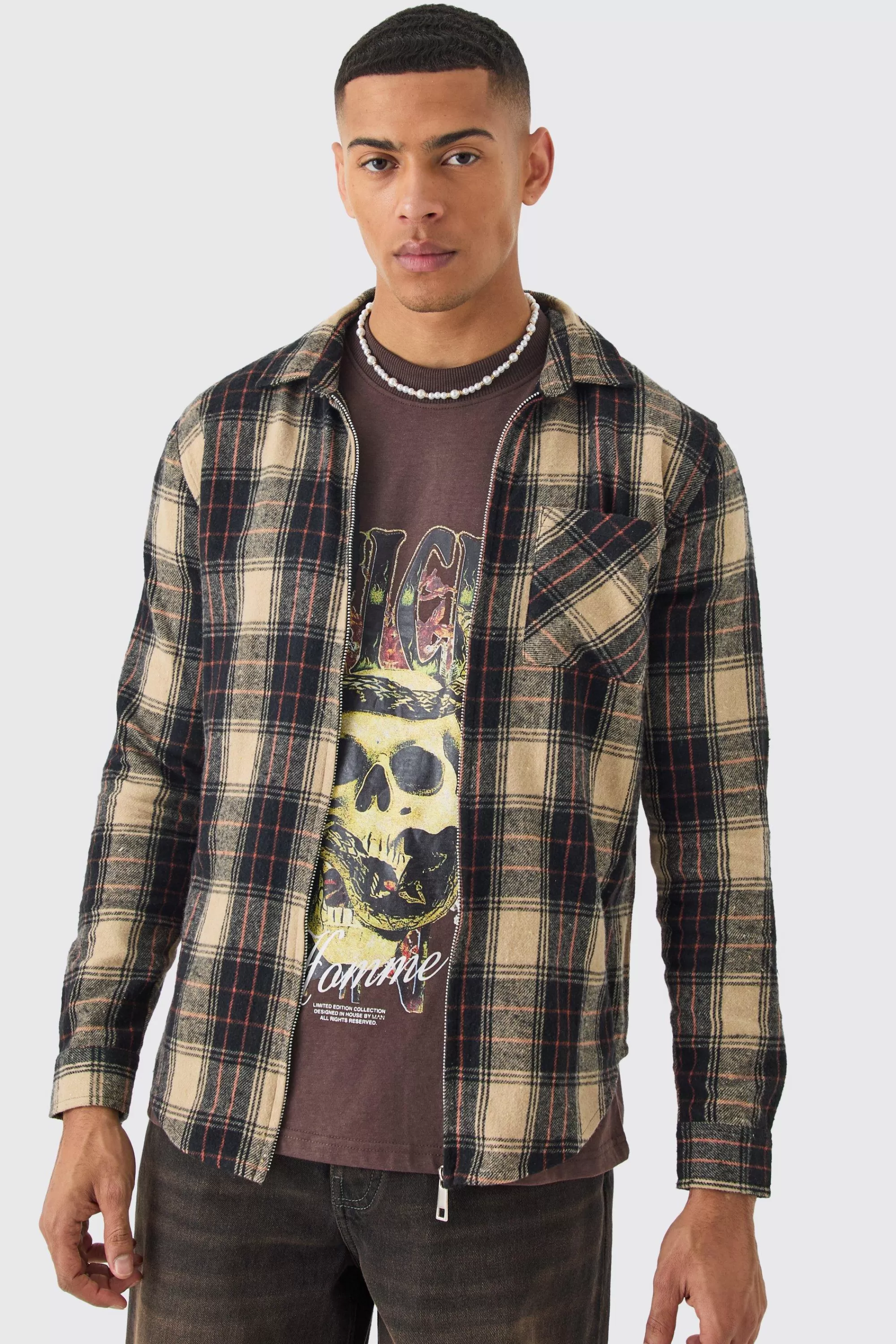boohooMAN Zip Through Check Shirt | UK