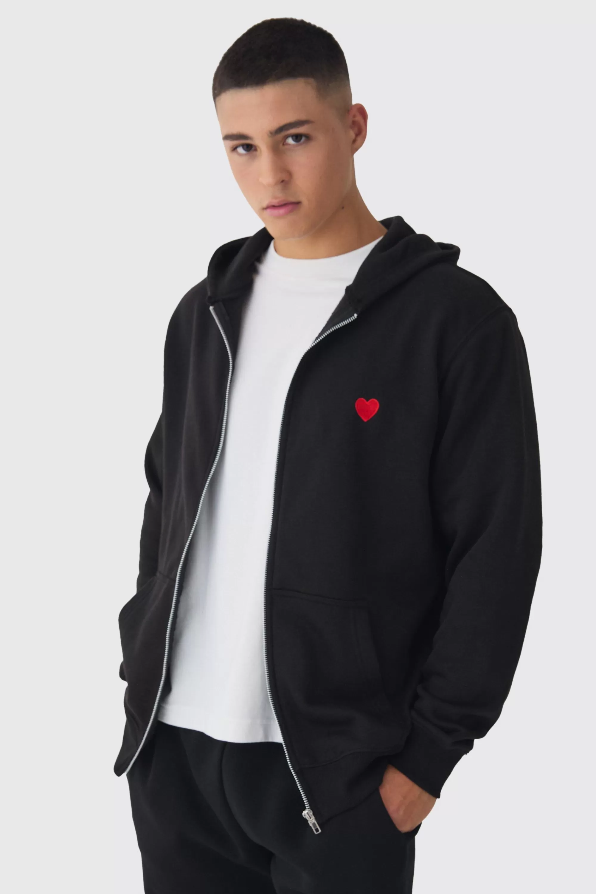 boohooMAN Zip Through Heart Embroidered Hoodie | UK